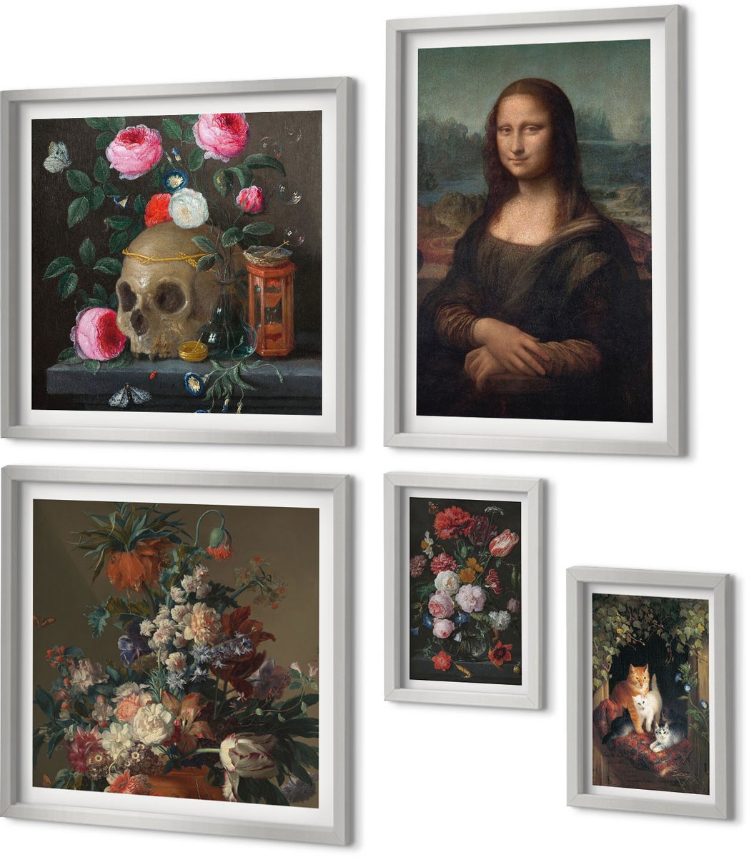 Coloray 5-Delige Schilderij Set - Vintage Bloemen, Schedel En Mona Lisa-Portret Van Leonardo Da Vinci - 20 x 30 cm - Decoratieve Muurdecoratie - Slaapkamer