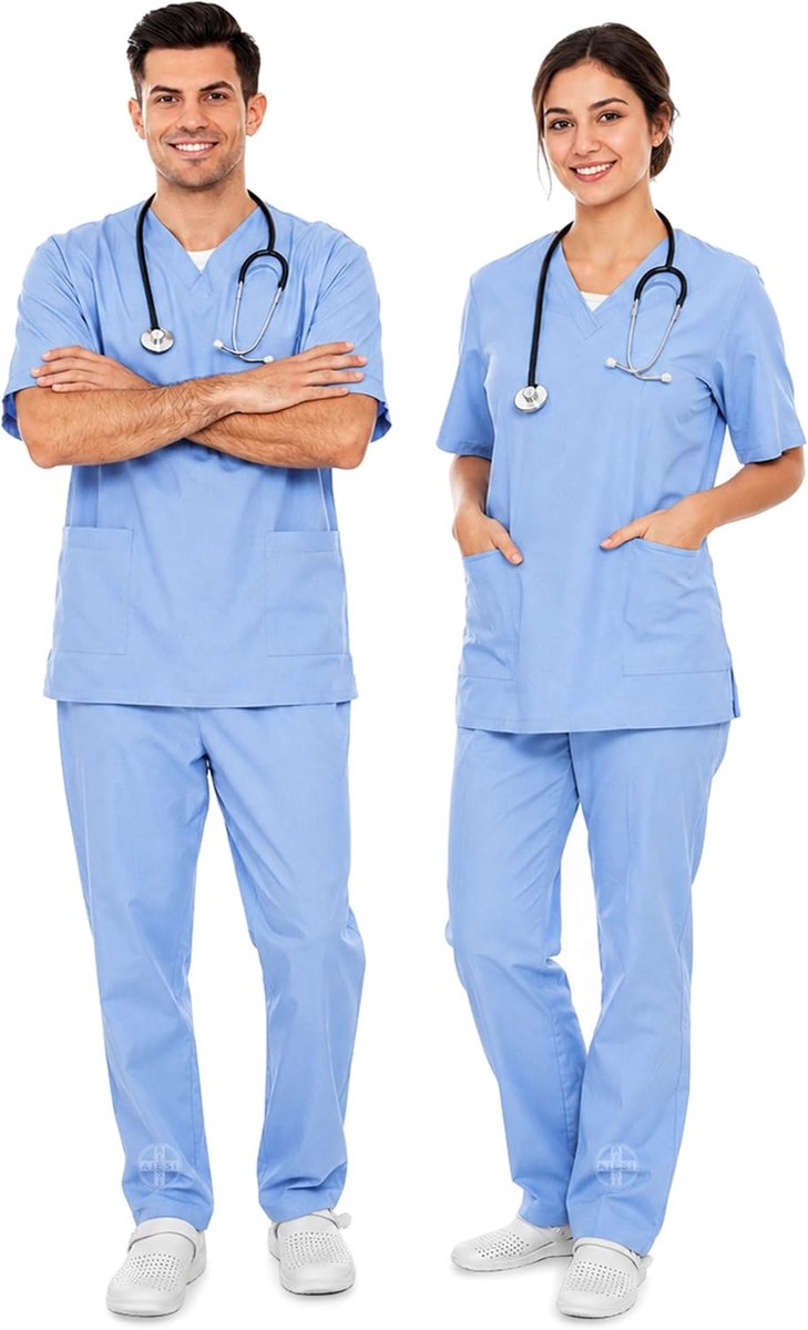 AIESI® Medical Uniform Ladies Men's Preshrunk Cotton 100% Pants + Top with V, Blu Royal. - ShopVlot