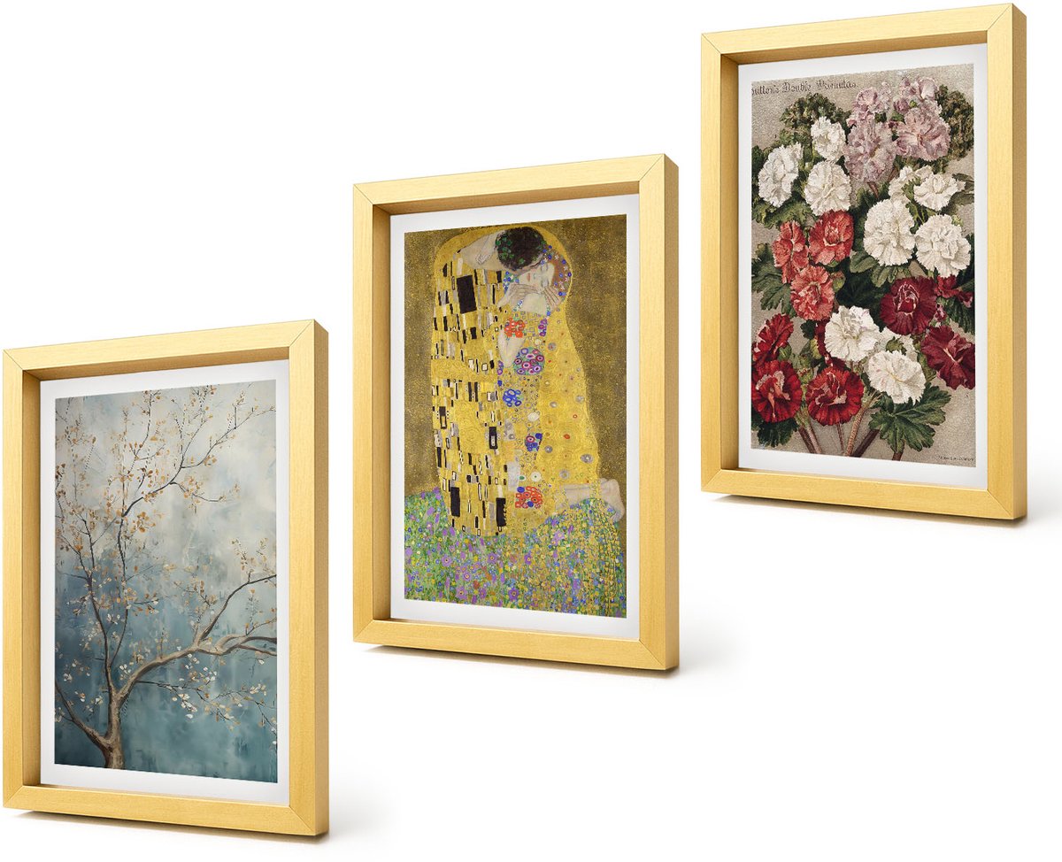 Coloray 4-Delige Schilderij Set - Bloemen en bomen in de schilderstijl van De Kus van Gustav Klimt. - 20 x 30 cm - Moderne Wanddecoratie - Slaapkamer - Woonkamer Decoratie