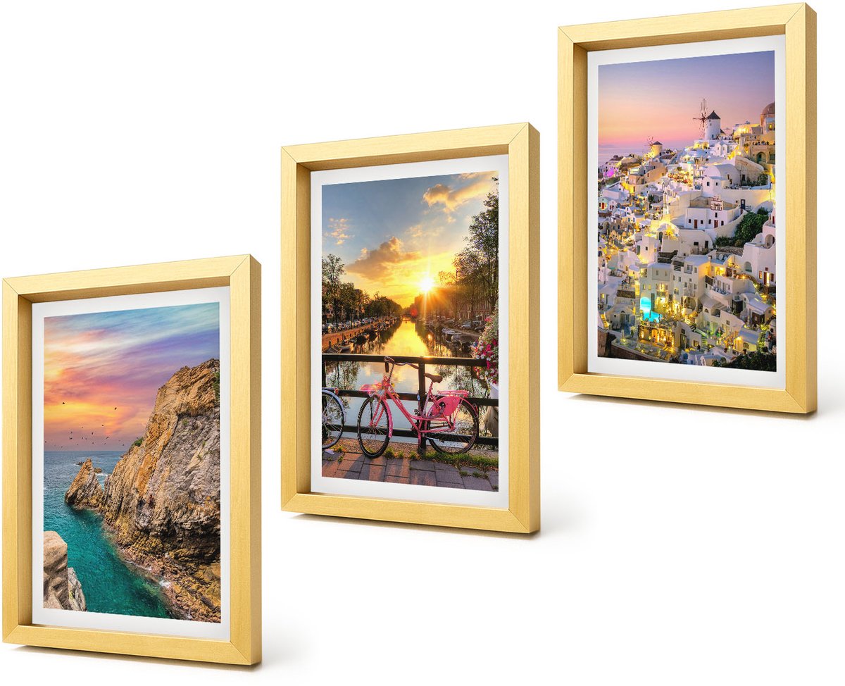 Coloray 4-Delige Schilderij Set - Uitzicht op zee met zonsondergang en de stad - 20 x 30 cm - Muurdecoratie - Decoratieve Schilderijen - Wohnzimmer - Interieur Decoratie