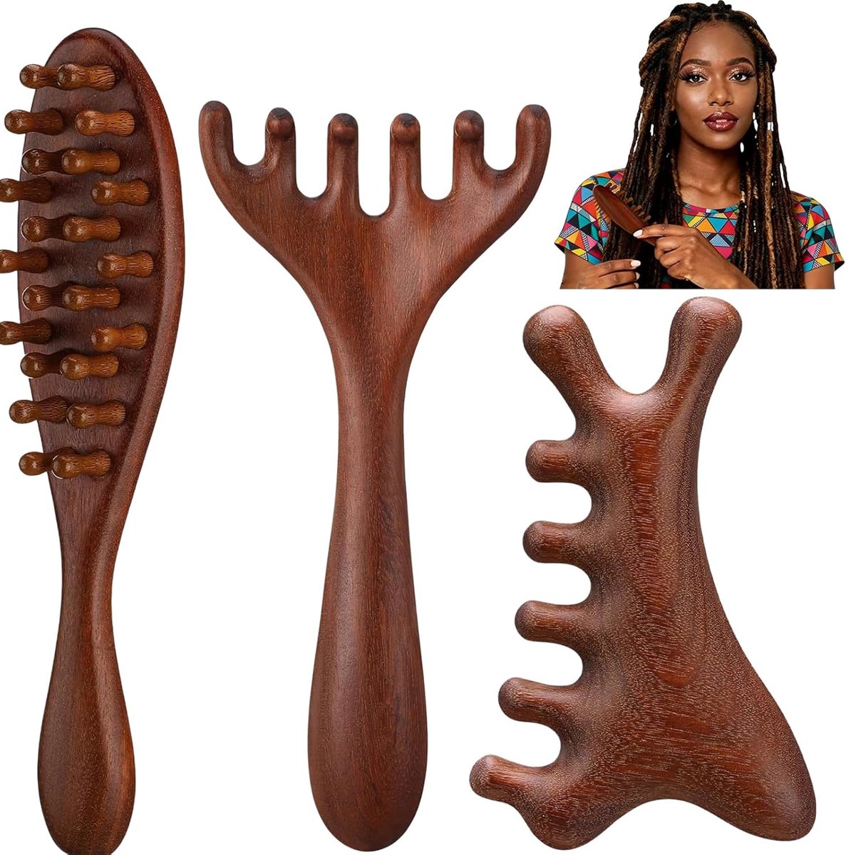 FrostyFlair Houten Hoofdhuid Massageapparaat, 3 stuks Hoofdmassage & Scalp Massager, Houten Massageborstel voor Haar & - ShopVlot