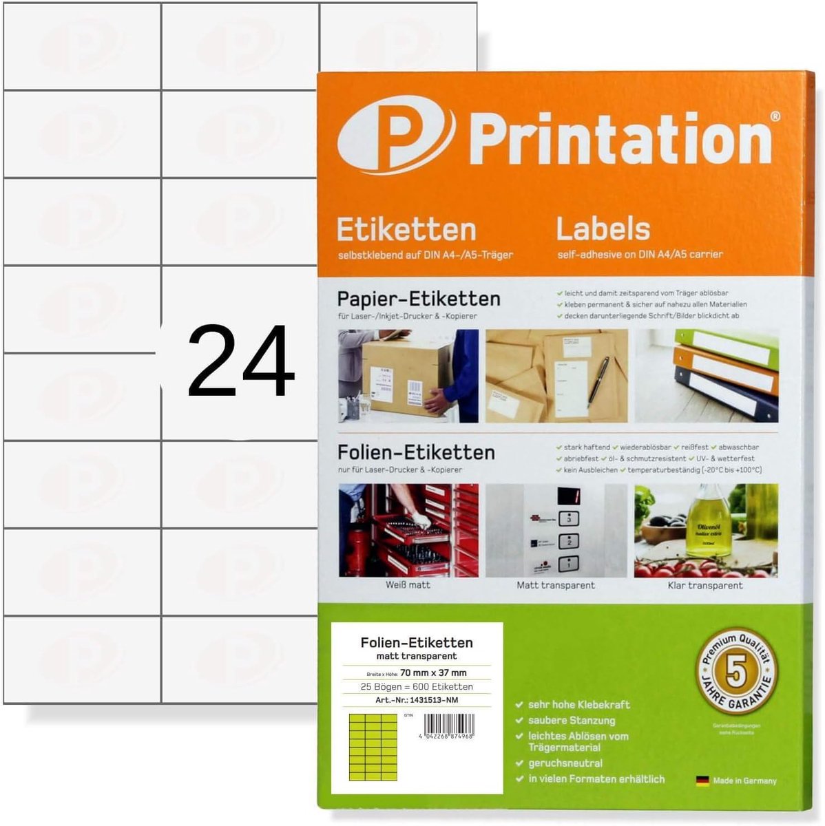Printation Labels Self-Adhesive 70 x 37 mm Weatherproof Transparent Matt - 25 A4 Sheets - ShopVlot
