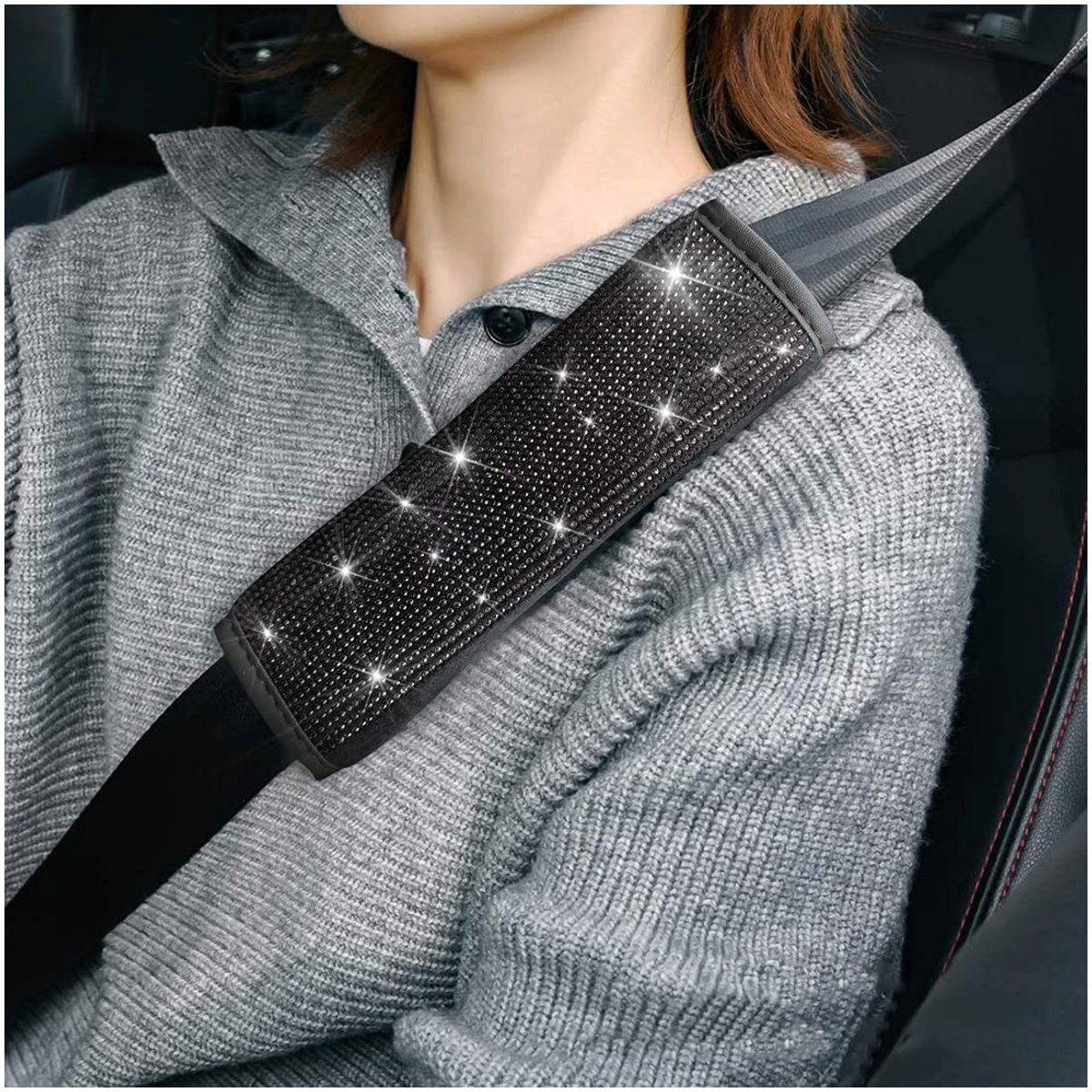 Autoschoudergurtkussen met Strass Steentjes - Universeel en Multifunctioneel (Zwart)