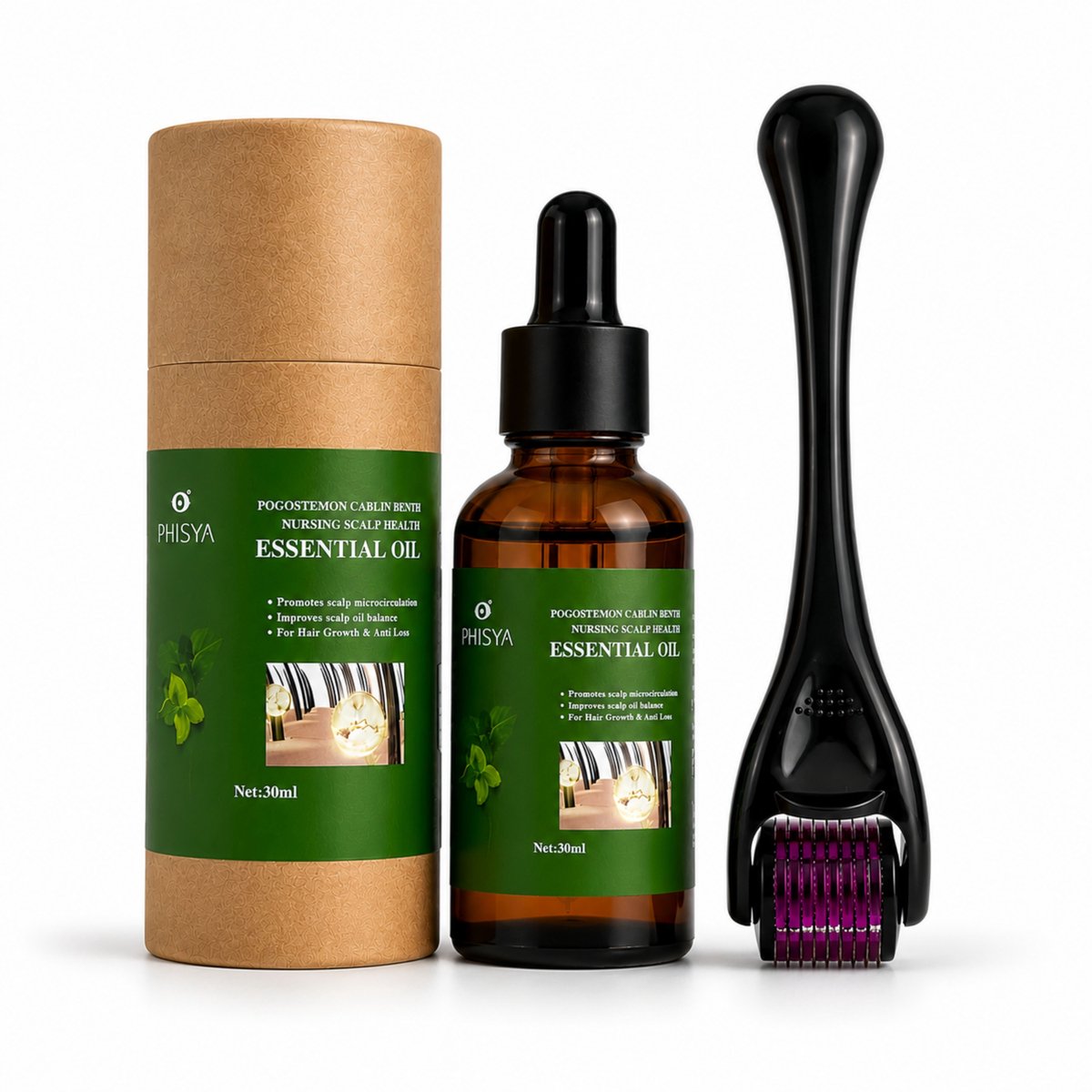 Rozemarijnolie haar en baart Set - met Dermaroller - Haaruitval en voor sterke haargroei met biotine & natuurlijke oliën - Hair Oil Vegan - Haargroei serEtherische Oliemix voor Haar en Hoofdhuid - 30 ml