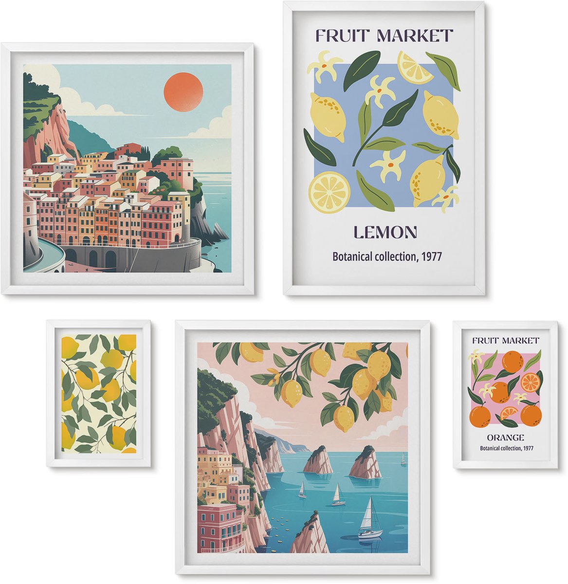 Wallfluent 5-Delige Schilderij Set - Fruitmotieven En Landschappen In Vintage Stijl - 50 x 50 cm, 20 x 30 cm En 40 x 60 cm - Wanddecoratie - Muurdecoratie - Woonkamer - Woonkamer Decoratie