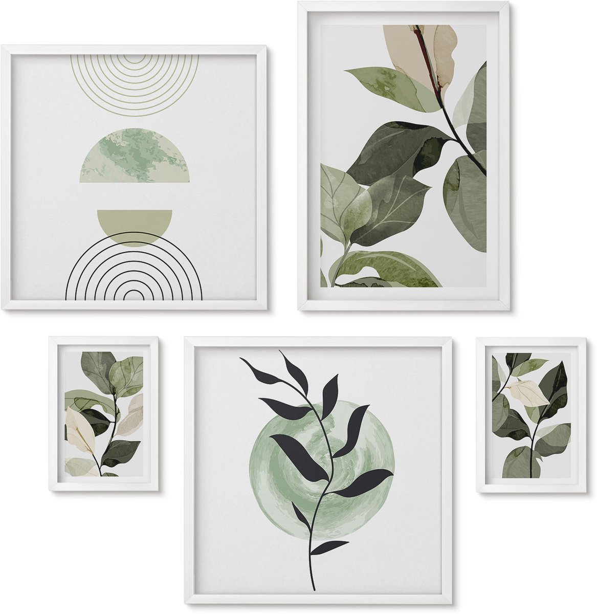 Wallfluent 5-Delige Schilderij Set - Plantenmotieven In Scandinavische Stijl Met Groen En Grafische Elementen. - 50 x 50 cm, 20 x 30 cm En 40 x 60 cm - Decoratieve Muurdecoratie - Slaapkamer - Woonkamer Decoratie