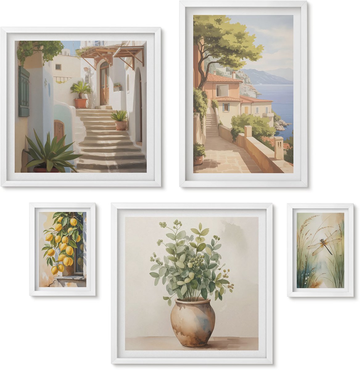 Wallfluent 5-Delige Schilderij Set - Stijlvolle Uitzichten Op Kustplaatsen En De Omliggende Vegetatie. - 50 x 50 cm, 20 x 30 cm En 40 x 60 cm - Muurdecoratie - Schilderijen Set - Woonkamer - Moderne Wanddecoratie