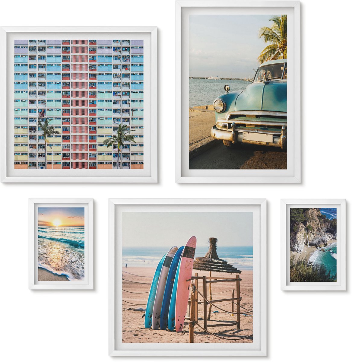 Wallfluent 5-Delige Schilderij Set - Stijlvolle Strandlandschappen Met Auto'S En Surfers - 50 x 50 cm, 20 x 30 cm En 40 x 60 cm - Muurdecoratie - Wanddecoratie - Slaapkamer