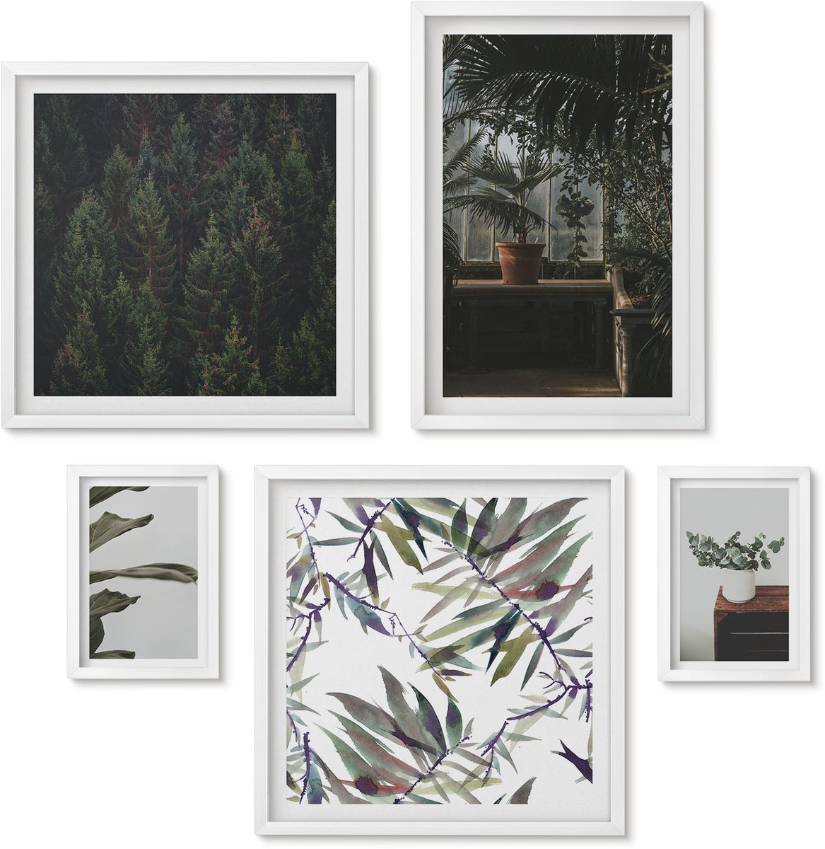 Wallfluent 5-Delige Schilderij Set - Plantenmotieven En Natuurlijke Accenten In De Groene Oase - 50 x 50 cm, 20 x 30 cm En 40 x 60 cm - Stijlvolle Wanddecoratie - Interieur - Decoratieve Schilderijen