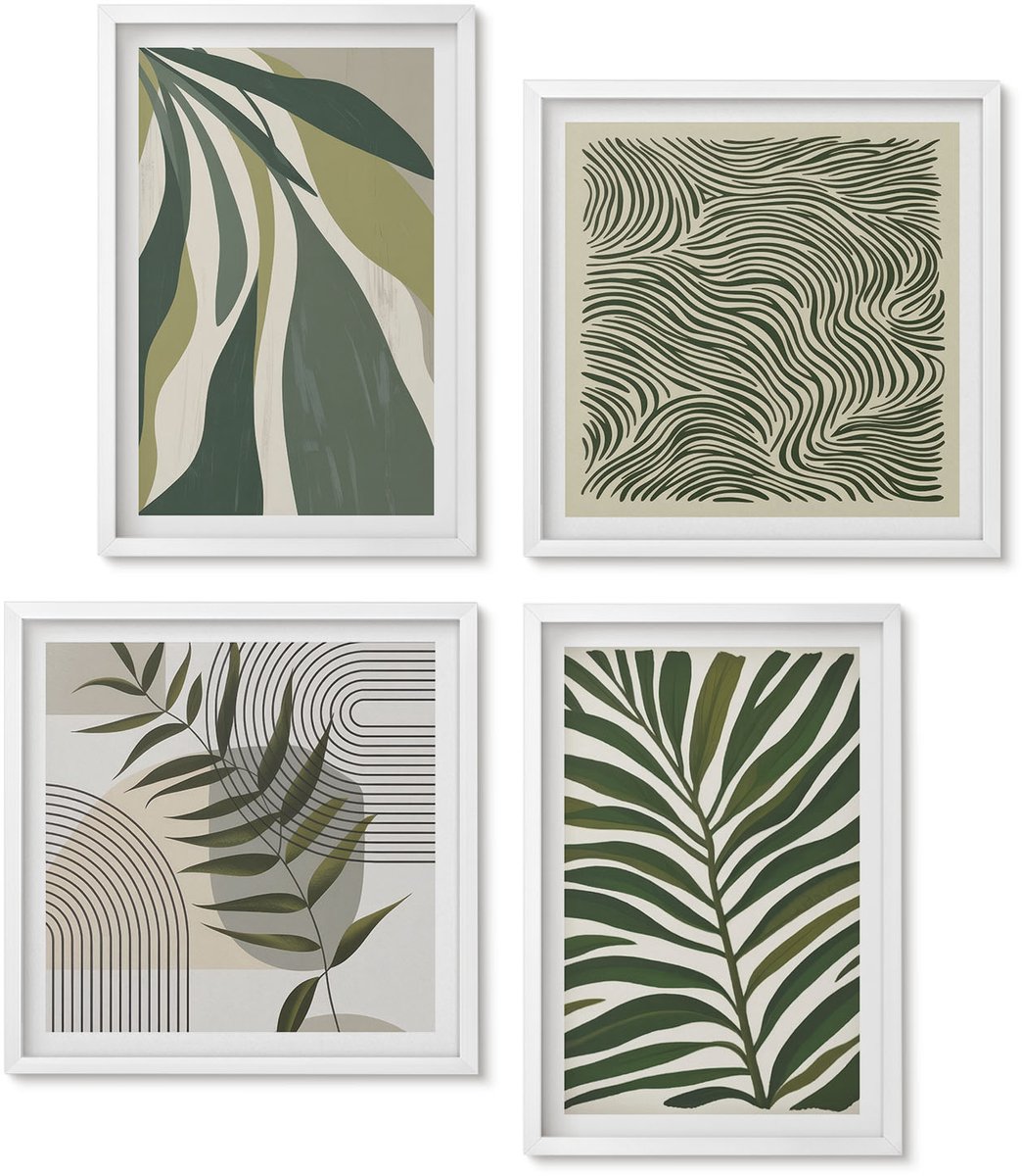 Wallfluent 4-Delige Schilderij Set - Bladpatronen En Golvende Lijnen In Pastelillustraties - 40 x 40 En 40 x 60 - Muurdecoratie - Wanddecoratie - Slaapkamer - Woonkamer Decoratie