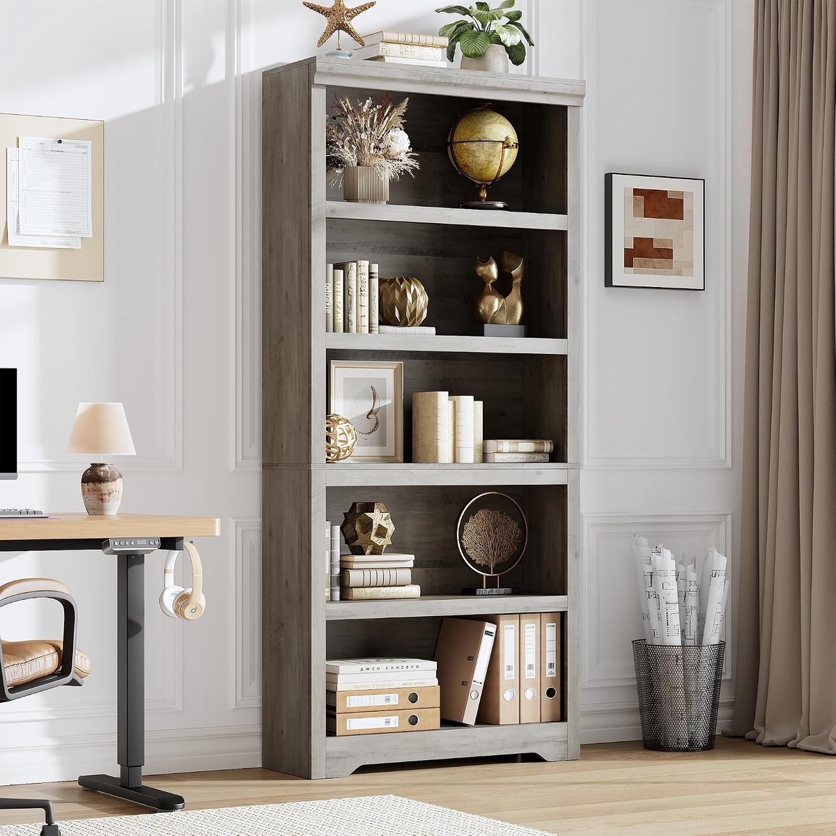 Hoge Boekenkast 5 Lagen - 80x29.5x174.5cm - Boekenkast Vintage - Verstelbare Planken - Kantelbeveiliging - Open Opbergkast - Voor Woonkamer Kantoor - Grijs