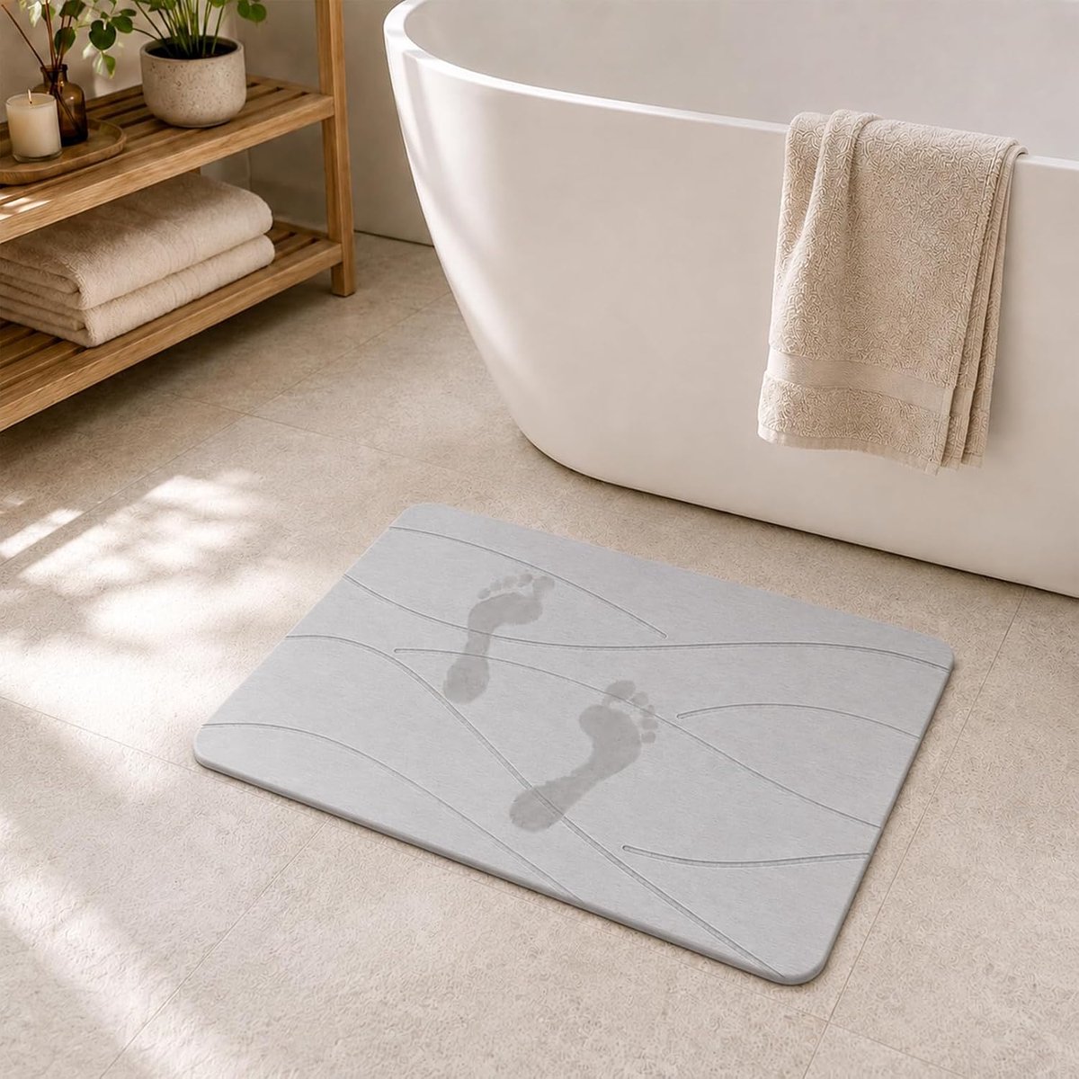 Badmat van diatomeeënaarde, sneldrogend, antislip, sterk absorberend, lichtgrijs | Oppervlak met textuur, eenvoudig te reinigen, van nature schimmelwerend, geschikt voor badkamervloeren, douches en multifunctioneel gebruik