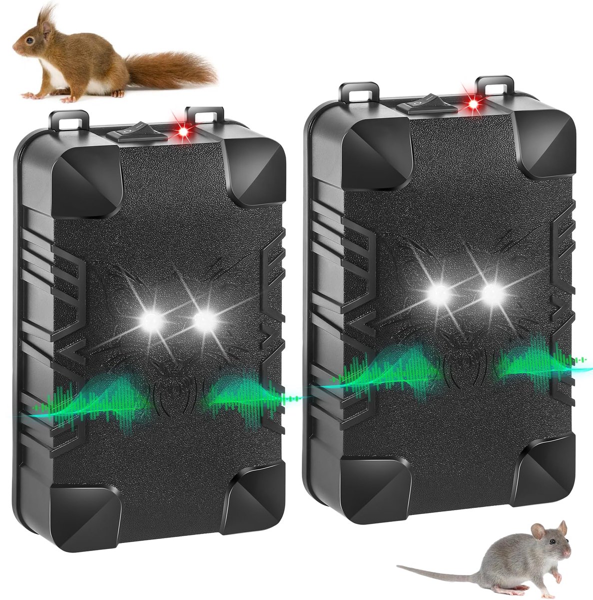 Namajunas - 2 Stusk Marterverjager - 12 V Marterverjager Auto - Ratten Verjager - Met Stroboscooplicht & 3 Voedingsmethoden - Professionele Ultrasone Muizenverjager - Diervriendelijk – Anti Marter - Muizenverjager - Voor Auto, Huis, Tuin