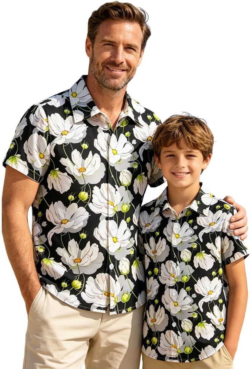 Hawaiihemd Vader en Zoon - Korte Mouwen - Bloemenprint - Perfect voor Strandvakantie - ShopVlot