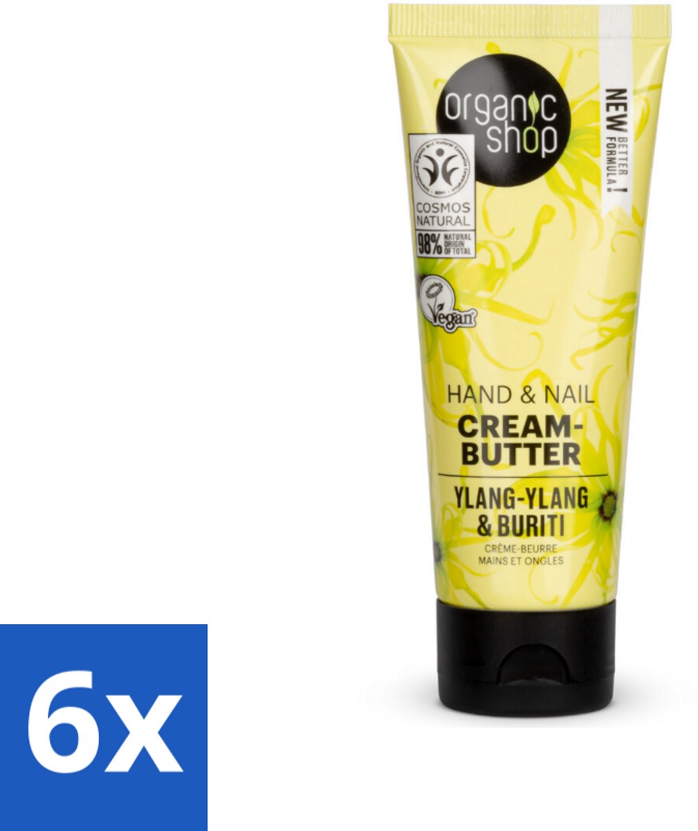 6 x Organic Shop - Ylang-Ylang & Buriti Hand & Nail Cream - Verzachtend en Herstellend - 75 ml - Biologische Handcrème - Ylang-ylang Handcrème - Buriti Olie Handcrème - Verzachtende Handcrème - Herstellende Handcrème
