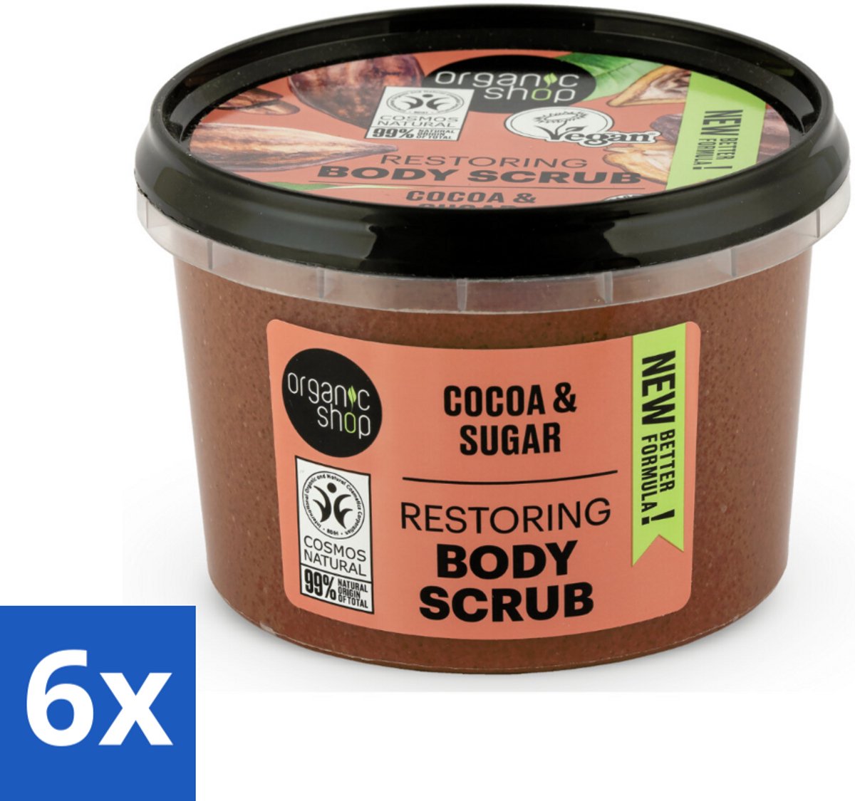 6 x Organic Shop - Body Scrub Cocoa - Rijke Hydratatie - 250 ml - Lichaams Scrub - Cacao - Hydraterende Scrub - Natuurlijke Scrub - Exfoliërende Scrub
