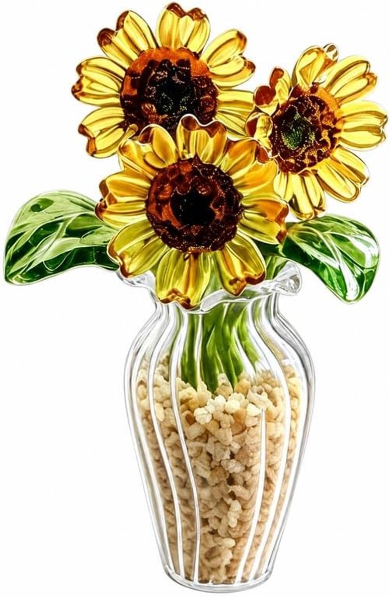Glasbloemen set - 3 zonnebloemen met bladeren - decoratieve vaas - perfect voor elke ruimte - ShopVlot