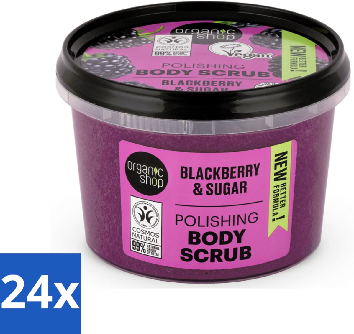 24 x Organic Shop - Body Scrub Blackberry - Verfrissend en Hydraterend - 250 ml - Lichaams Scrub - Scrub - Braam - Organische - Natuurlijke