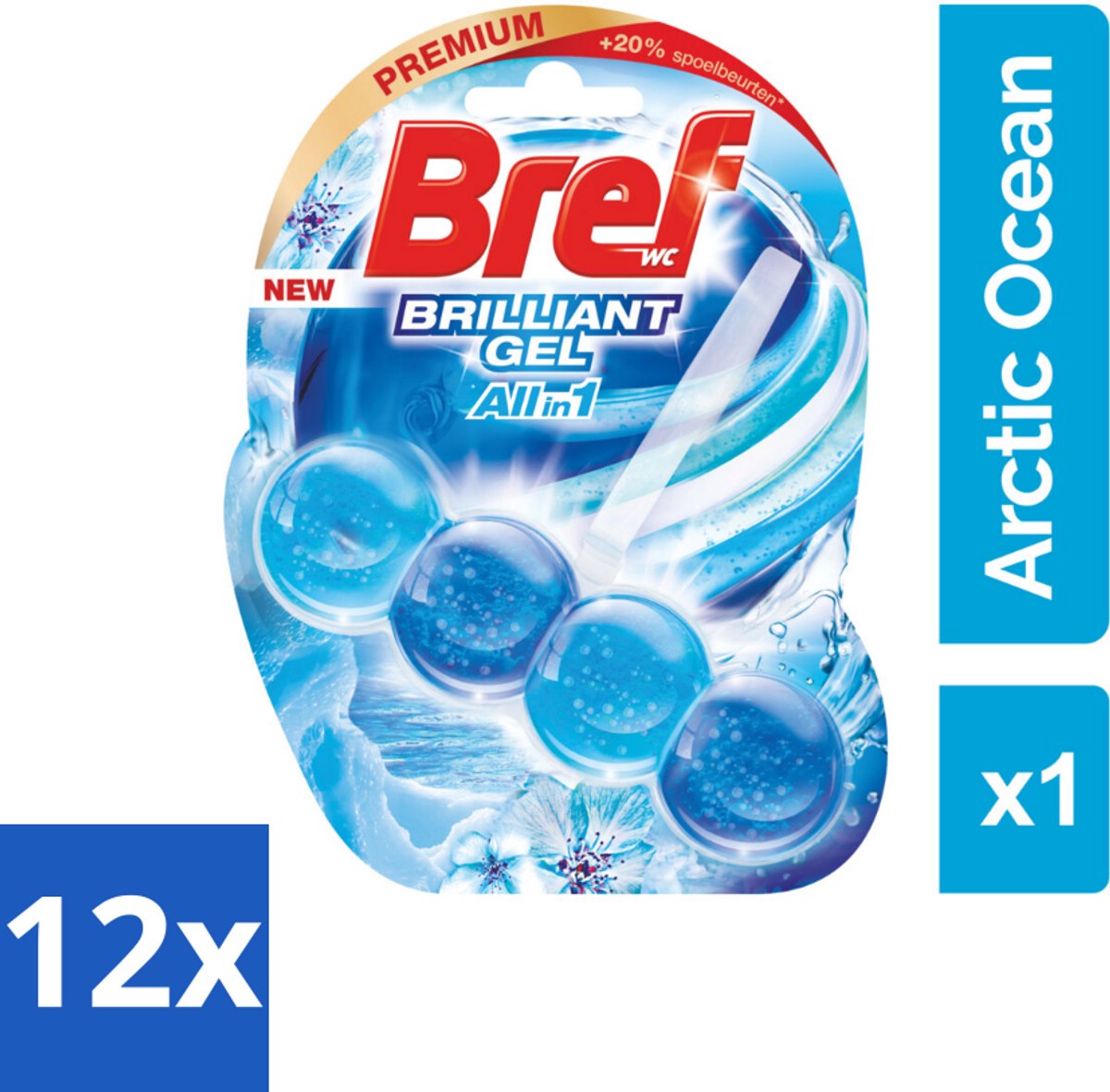 12 x Bref Brilliant Gel Arctic Ocean - Toiletblok - Krachtige Reiniging - Fris Effect - 42 g - Toiletblok - Toiletreiniger - Frisse Geur - Kalkpreventie - Reinigingsmiddel