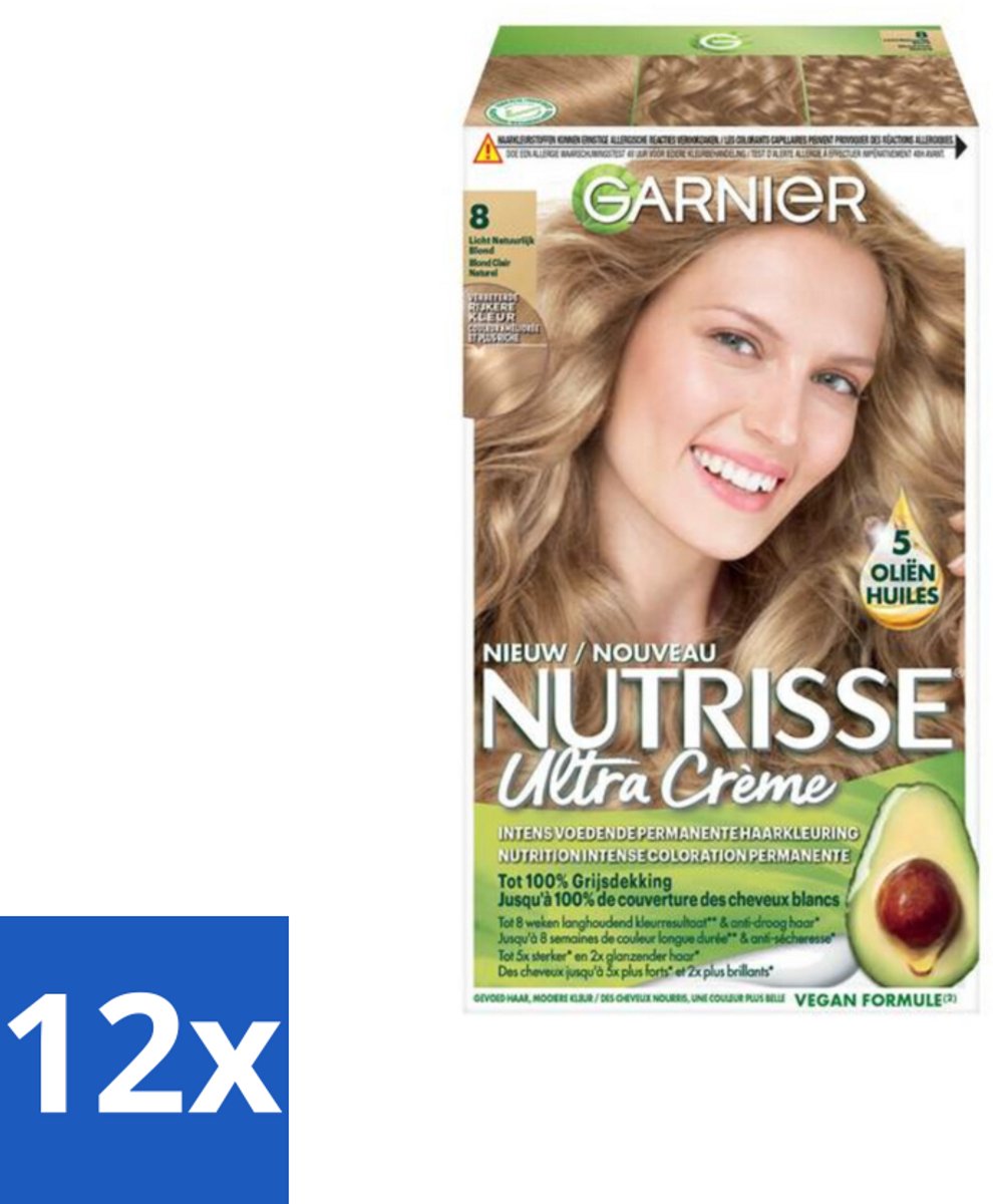 12 x Garnier - Nutrisse Ultra Crème 8 - Haarkleuring - Lichtblond - Intens Voedend - Permanente Kleur - Haarverf - Blonde Haarkleur - Permanente Haarkleur - Voedende Haarkleuring - Grijsdekking