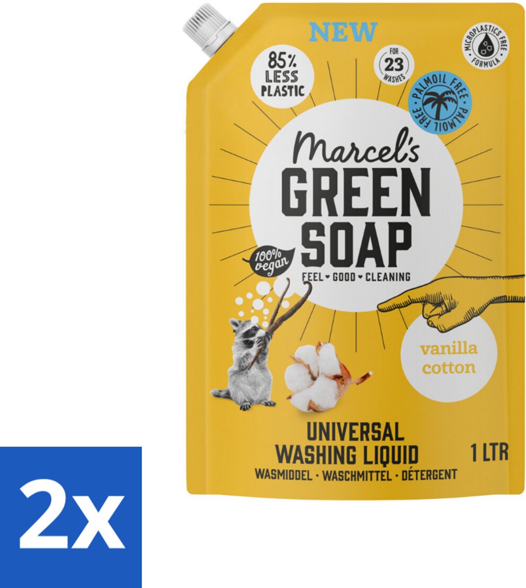 2 x Marcel's Green Soap - Vloeibaar Wasmiddel - Navulling - Vanille & Katoen - Effectief & natuurlijk - 23 Wasbeurten - 1 liter - Wasmiddel - Wasmiddel Navul - Milieuvriendelijk - Biologisch Wasmiddel - Palmolievrij
