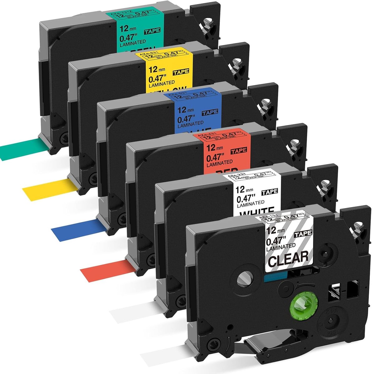 Tape cassette 12mm - gelamineerd - zwart op wit/transparant/rood/blauw/geel/groen - voor Brother P-touch labelapparaat - ShopVlot