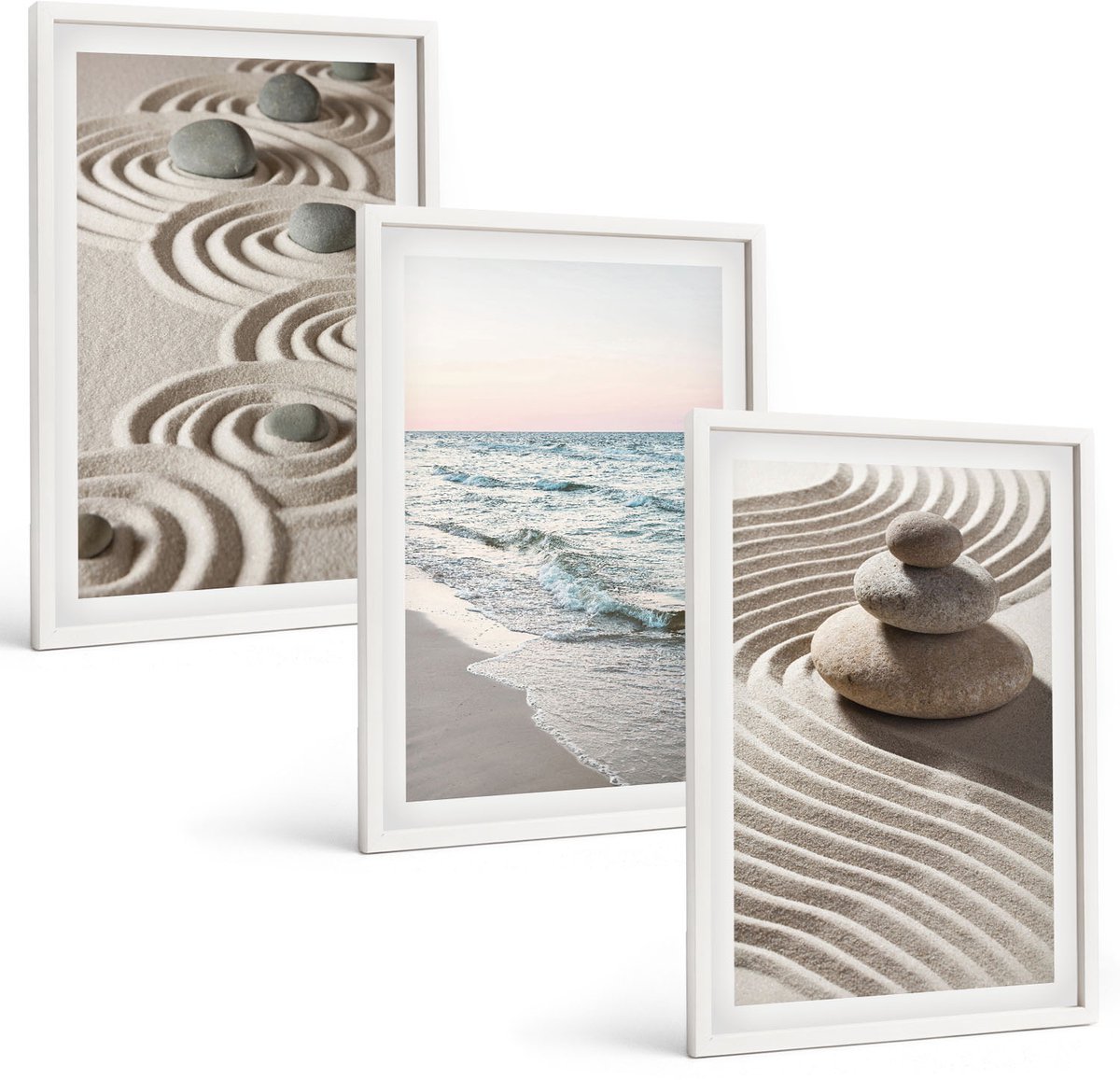 Tulup 3-Delige Schilderij Set - Rustig zand en kabbelend water met kiezels op het strand. - 40x60 - Stijlvolle Wanddecoratie - Interieur - Interieur Decoratie
