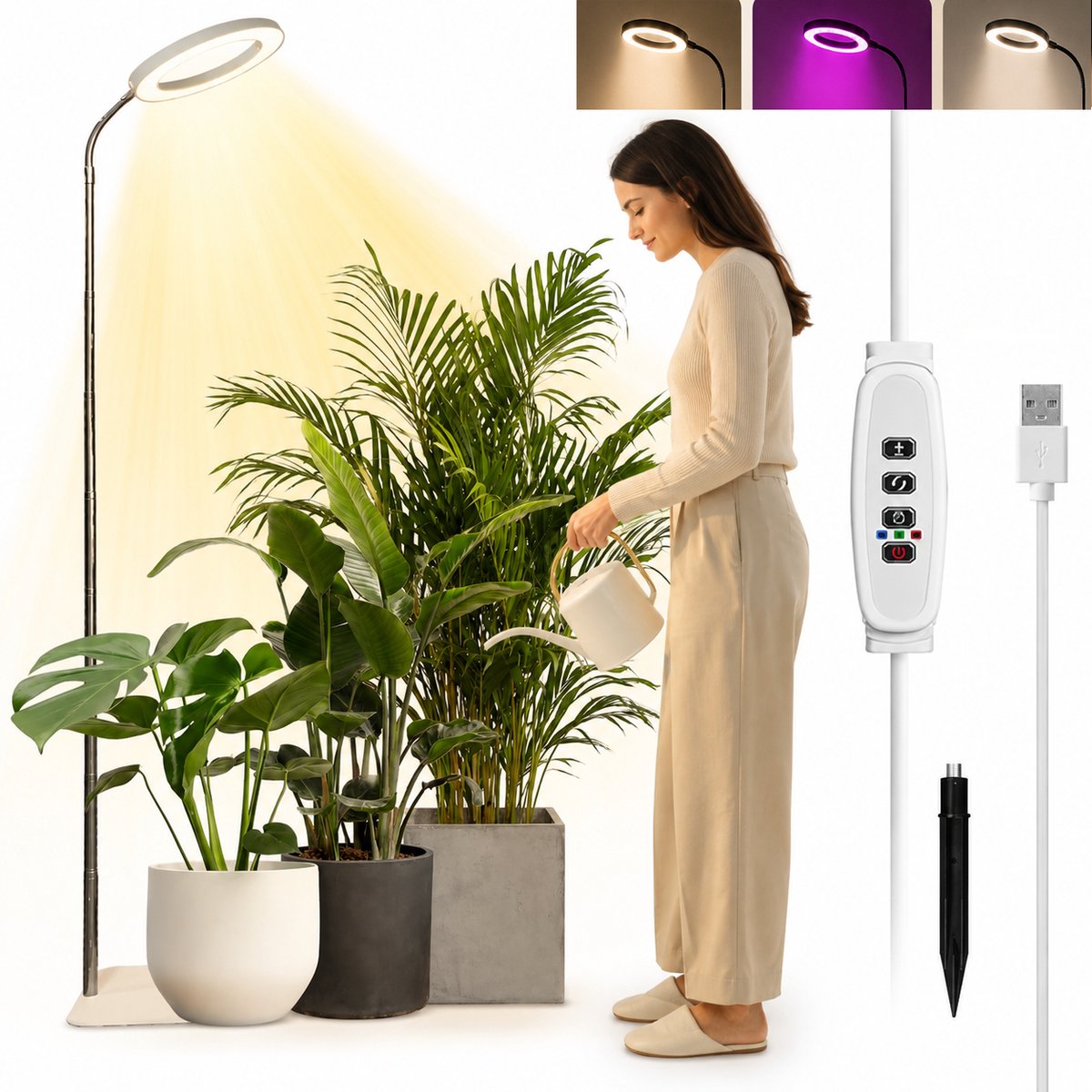 Lapamax 2-in-1 Groeilamp Full Spectrum 72 LEDs Met Voet & Aardpin- Kweeklamp met 16 cm Ring -Plantenlamp met Hoogte Verstelbaar 25-155 cm-10 Helderheidsniveaus&Timer-Growlight voor Vensterbank,Orchideeën en Kleine Kamerplanten -Wit -USB