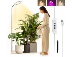 Lapamax 2-in-1 Groeilamp Full Spectrum 72 LEDs Met Voet & Aardpin- Kweeklamp met 16 cm Ring -Plantenlamp met Hoogte Verstelbaar 25-155 cm-10 Helderheidsniveaus&Timer-Growlight voor Vensterbank,Orchideeën en Kleine Kamerplanten -Wit -USB