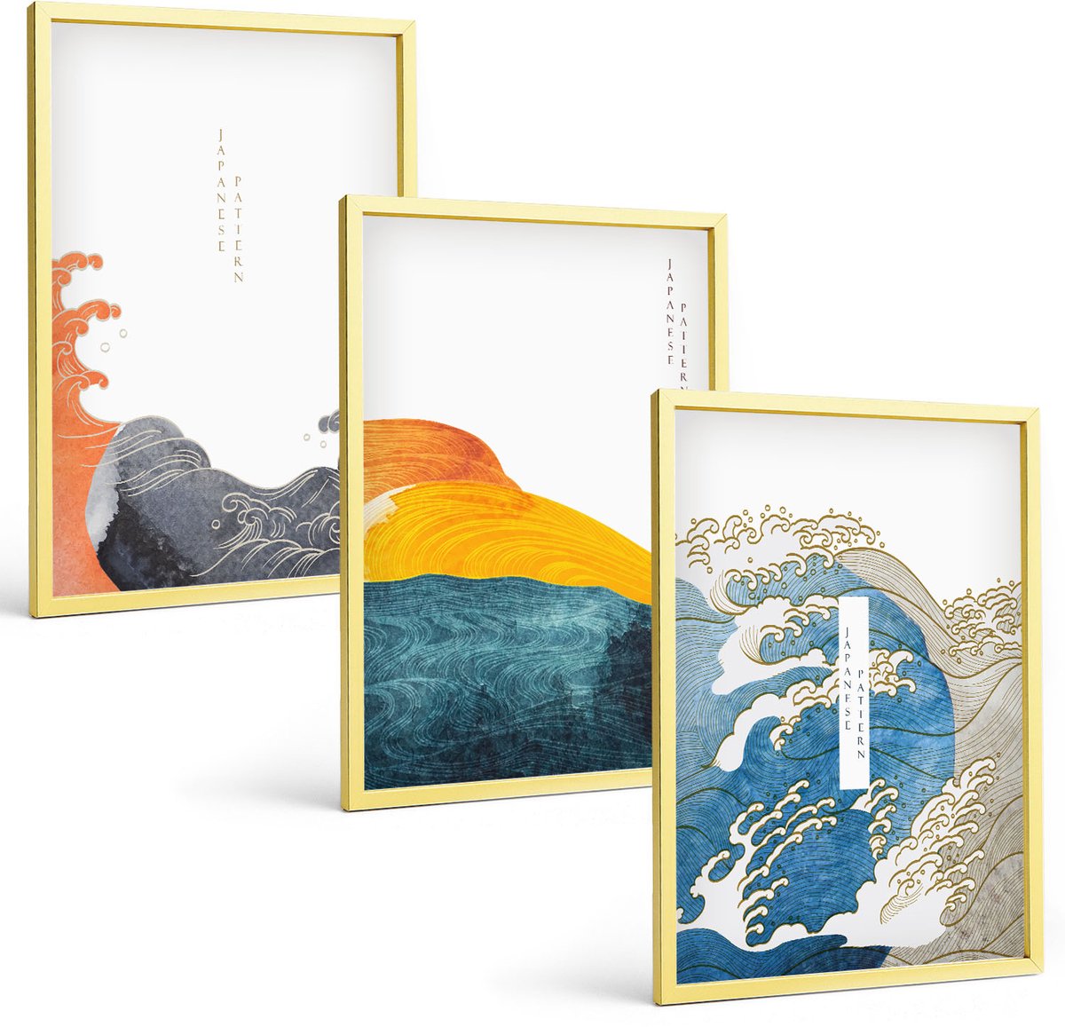 TULUP 4-Delige Schilderij Set - Golven in Japanse grafische stijl - 40 x 60 cm - Wanddecoratie - Muurdecoratie - Woonkamer - Interieur Decoratie Gouden lijst