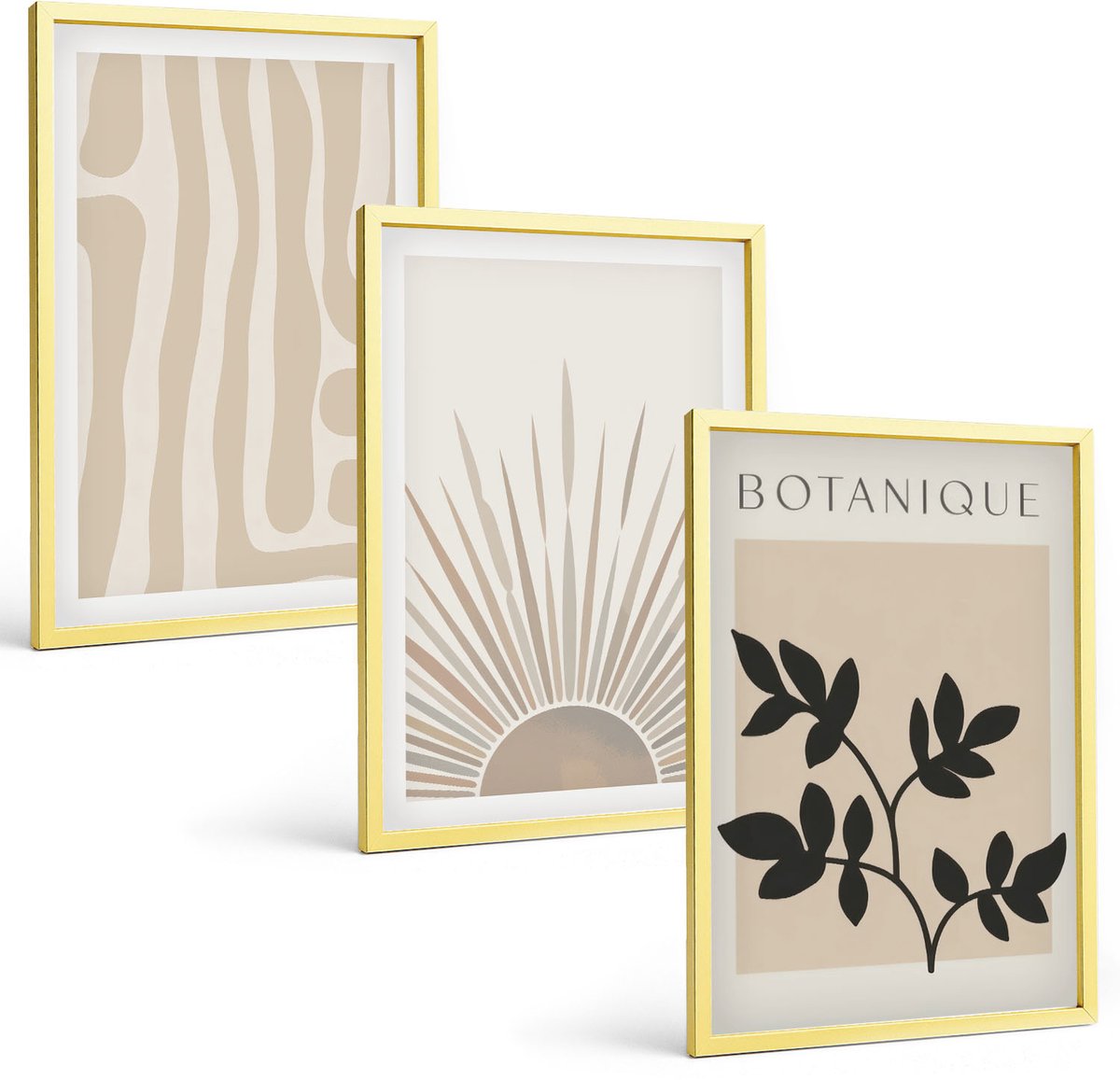 TULUP 4-Delige Schilderij Set - Abstracte patronen met plantenaccenten in neutrale tinten. - 40 x 60 cm - Muurdecoratie - Interieur Decoratie - Stijlvolle Muurdecoratie Gouden lijst