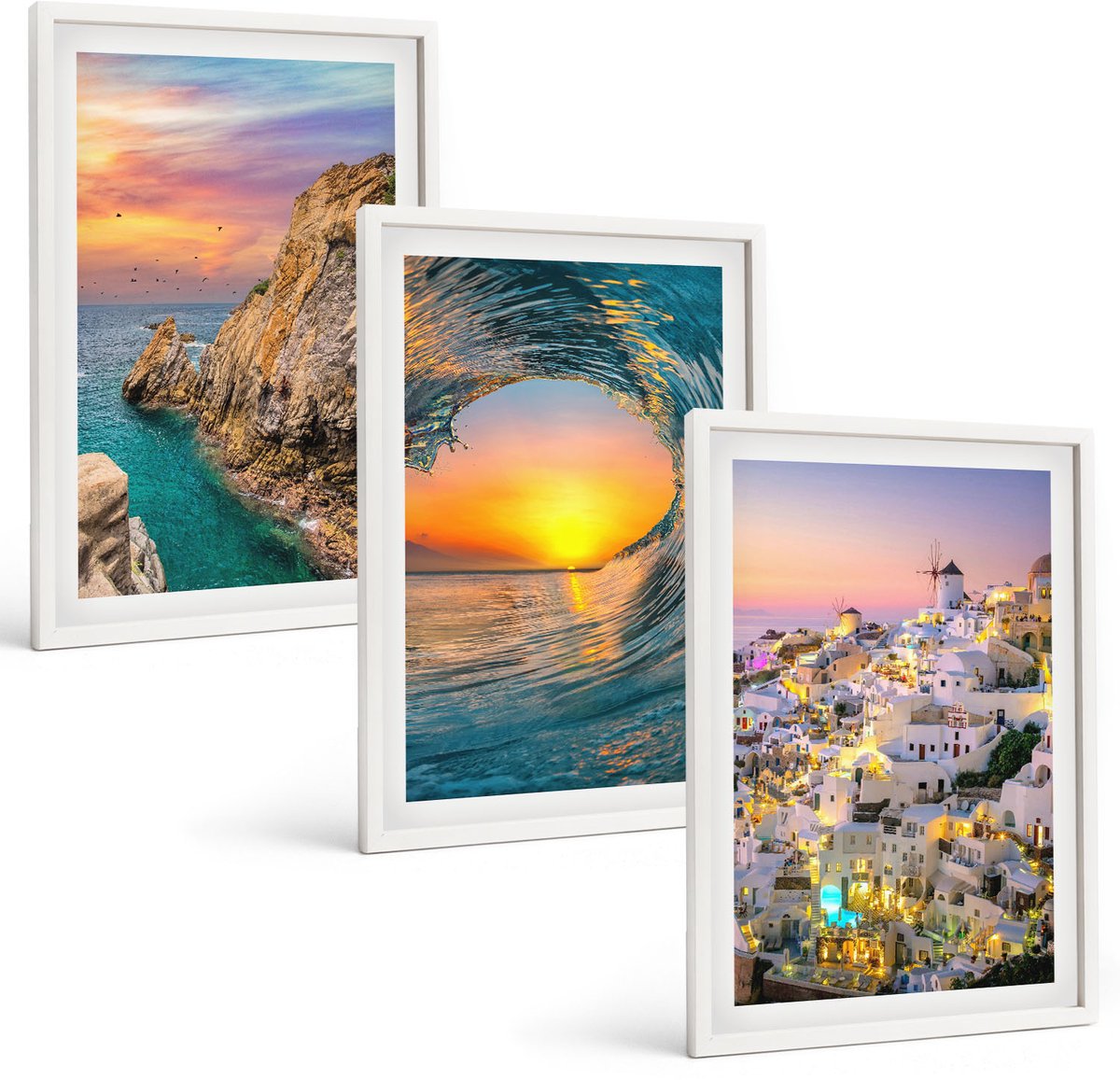 Tulup 3-Delige Schilderij Set - Uitzicht op de zee, de golven en de witte huizen op Santorini, Griekenland - 40x60 - Wanddecoratie - Moderne Interieurdecoratie - Interieur Decoratie