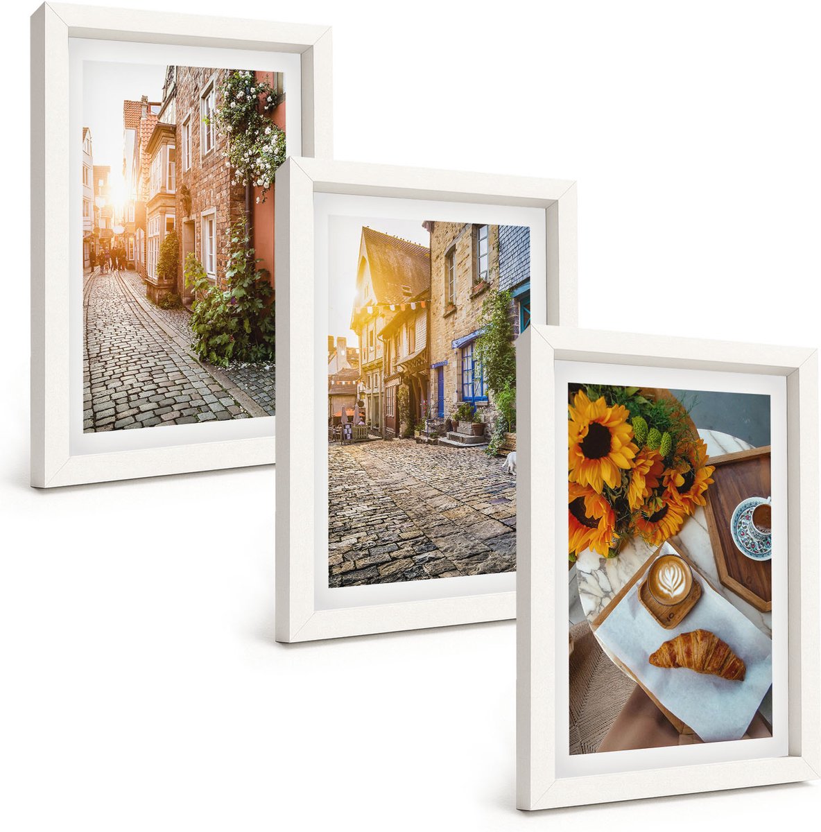 Tulup 3-Delige Schilderij Set - Sfeervolle straatjes met koffie en zonnebloemen - 20x30 - Muurdecoratie - Decoratieve Schilderijen - Wohnzimmer - Woonkamer Decoratie