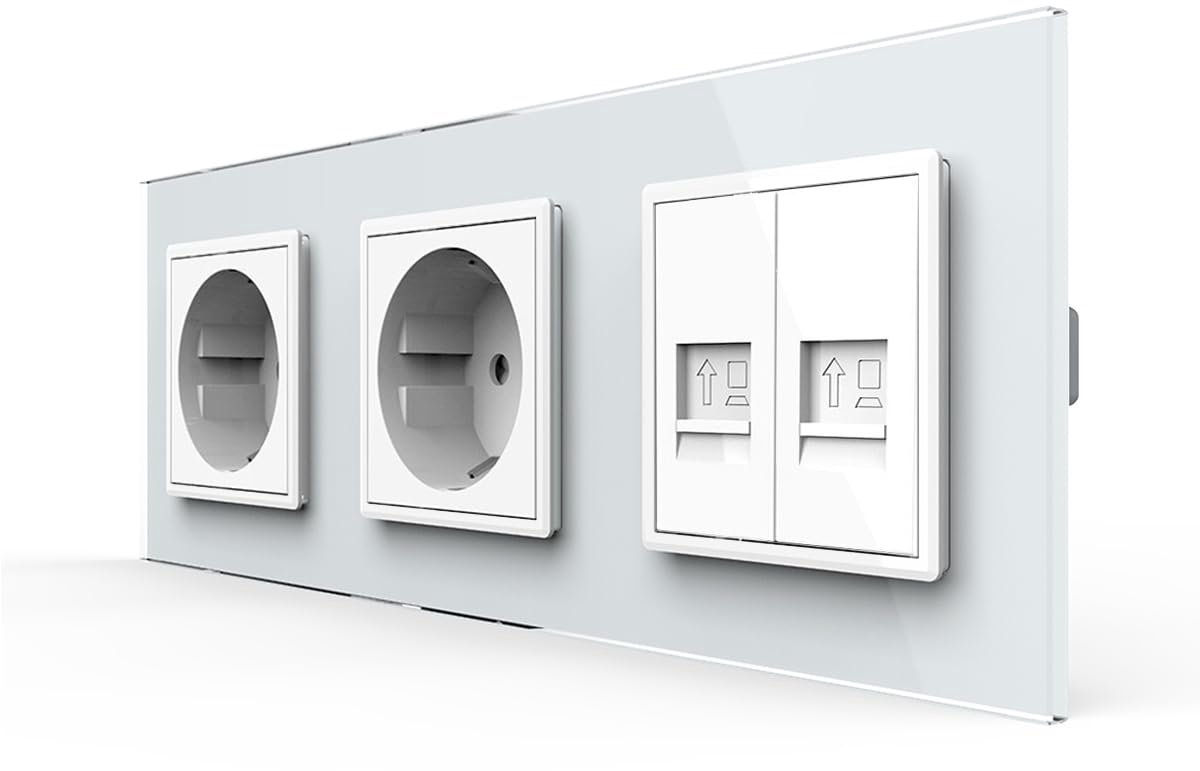 LIVOLO Schuko Socket Double Socket Wall Socket + LAN Network Box Duplex RJ45 Data Box Ethernet with Glass Frame (White) - ShopVlot