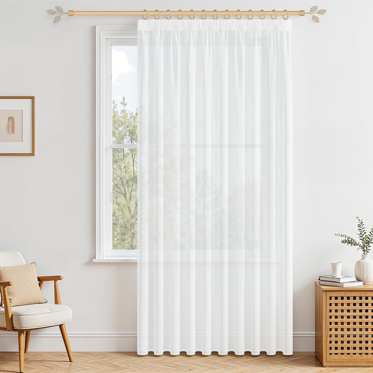 Mrtrees gardine met kräuselband, 300 cm breed, 160 cm lang, wit, halfdoorzichtig, voorhang voor woonkamer, slaapkamer - ShopVlot