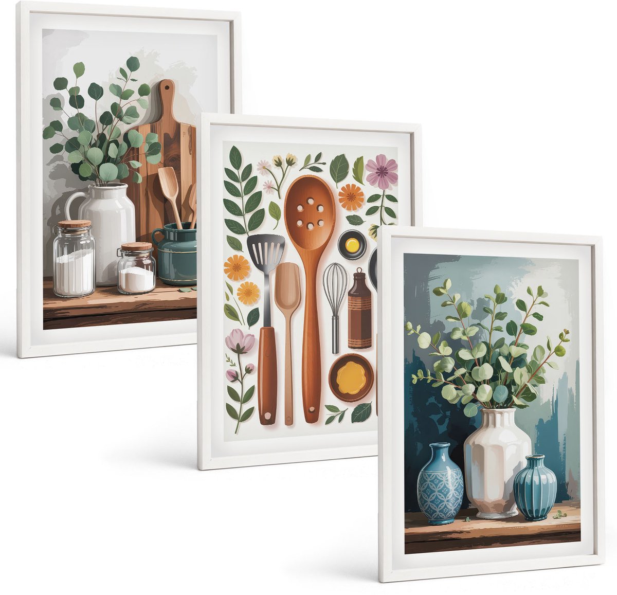 Tulup 3-Delige Schilderij Set - Keukenaccessoires met planten in een moderne stijl - 40x60 - Muurdecoratie - Schilderijen Set - Woonkamer - Woonkamer Decoratie