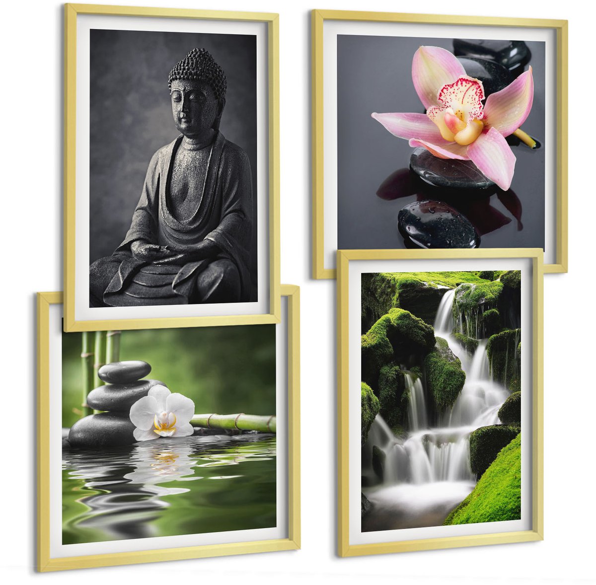 TULUP 4-Delige Schilderij Set - Rustgevende zen-afbeeldingen met water, stenen en Boeddha - 40 x 40 cm en 40 x 60 cm - Wanddecoratie - Woonkamer Decoratie Gouden lijst