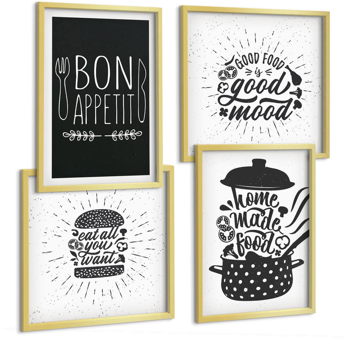 TULUP 4-Delige Schilderij Set - Voedselafbeeldingen en culinaire slogans - 40 x 40 cm en 40 x 60 cm - Muurdecoratie - Wanddecoratie - Hal - Interieur Decoratie Gouden lijst