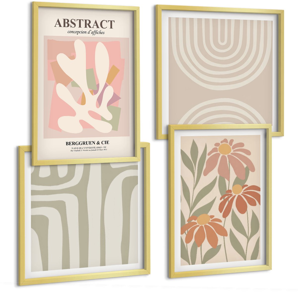 TULUP 4-Delige Schilderij Set - Abstracte vormen met plantmotieven in pastelkleuren. - 40 x 40 cm en 40 x 60 cm - Decoratieve Schilderijen - Woonkamer - Interieur - Woonkamer Decoratie Gouden lijst