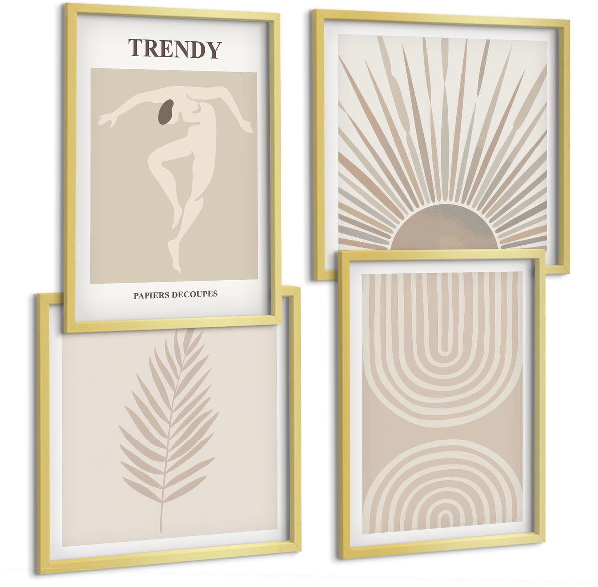 TULUP 4-Delige Schilderij Set - Pastelposters, modieuze boho-abstracties - 40 x 40 cm en 40 x 60 cm - Muurdecoratie - Schilderijen Set - Woonkamer - Stijlvolle Muurdecoratie Gouden lijst