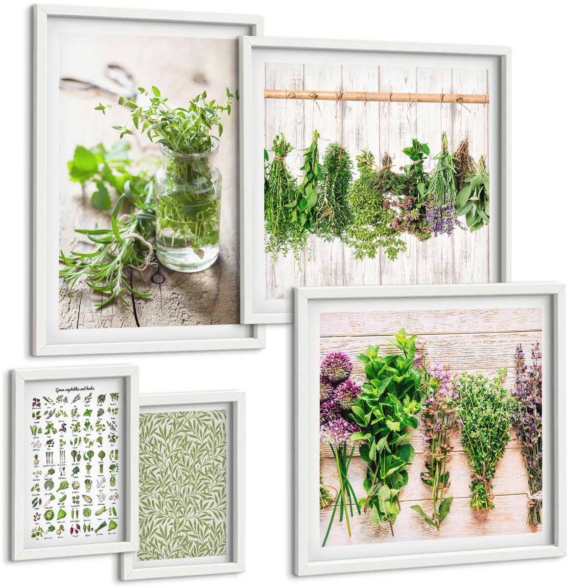 Tulup 4-Delige Schilderij Set - Kruideninspiratie in een natuurlijke decoratieve stijl - 50 x 50 cm, 20 x 30 cm en 40 x 60 cm - Schilderijen Set - Wanddecoratie - Woonkamer - Moderne Wanddecoratie