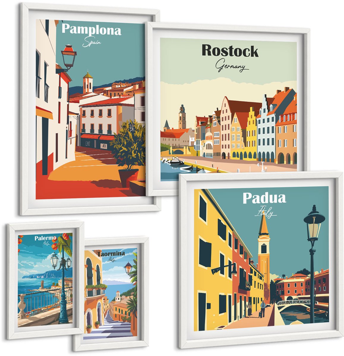 Tulup 4-Delige Schilderij Set - Schilderachtige uitzichten en architectuur van Europese steden - 50 x 50 cm, 20 x 30 cm en 40 x 60 cm - Muurdecoratie - Wanddecoratie - Slaapkamer - Woonkamer Decoratie