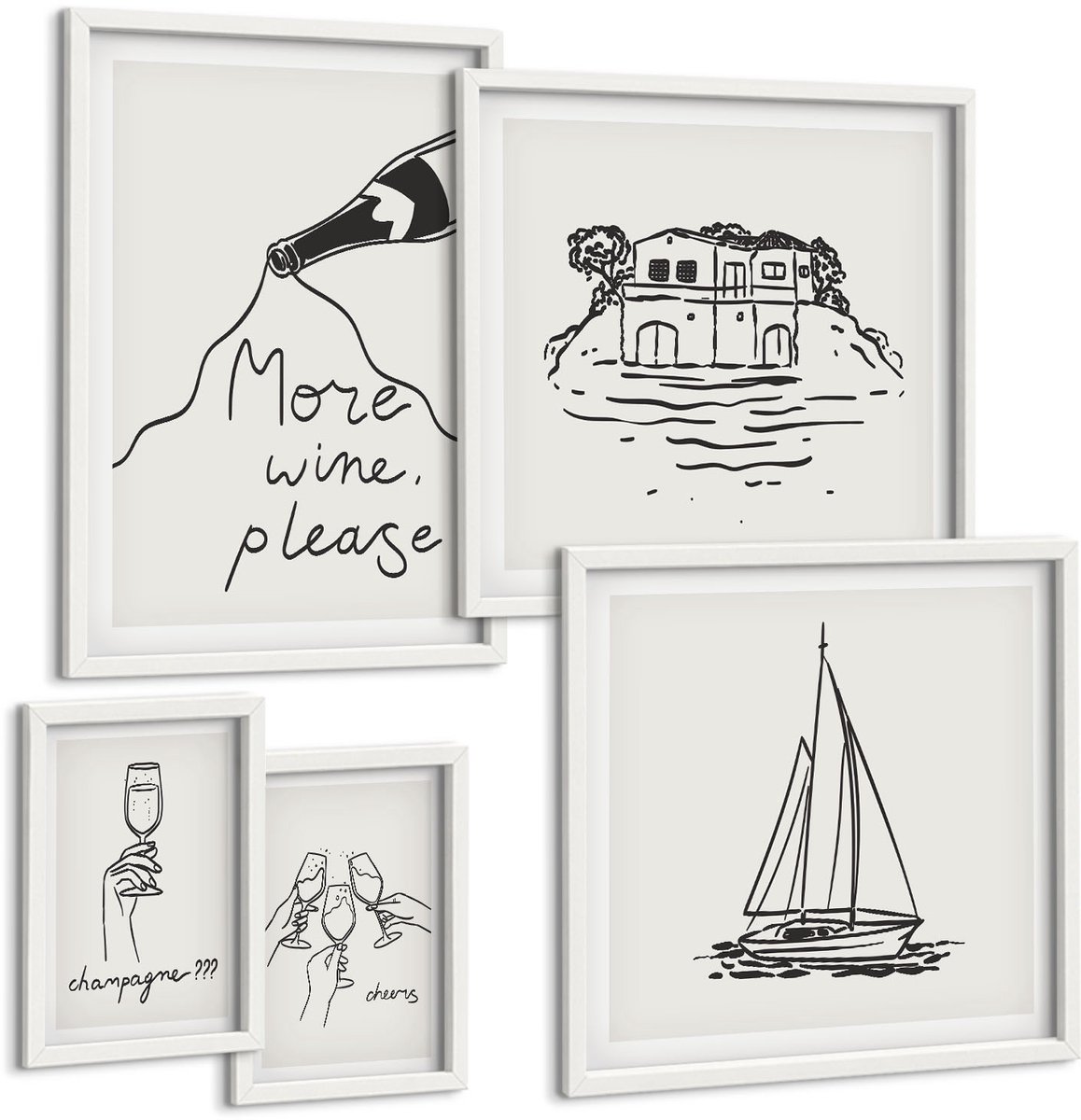 Tulup 4-Delige Schilderij Set - Stijlvolle afbeeldingen met thema's als wijn en ontspanning aan het water. - 50 x 50 cm, 20 x 30 cm en 40 x 60 cm - Wanddecoratie - Schilderijen Set - Interieur - Stijlvolle Muurdecoratie