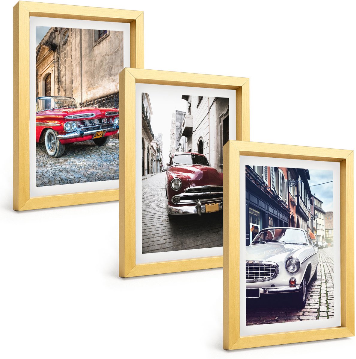 TULUP 4-Delige Schilderij Set - Klassieke auto's in verschillende kleuren op de straten van de stad. - 20 x 30 cm - Wanddecoratie - Muurdecoratie - Woonkamer - Stijlvolle Muurdecoratie Gouden lijst