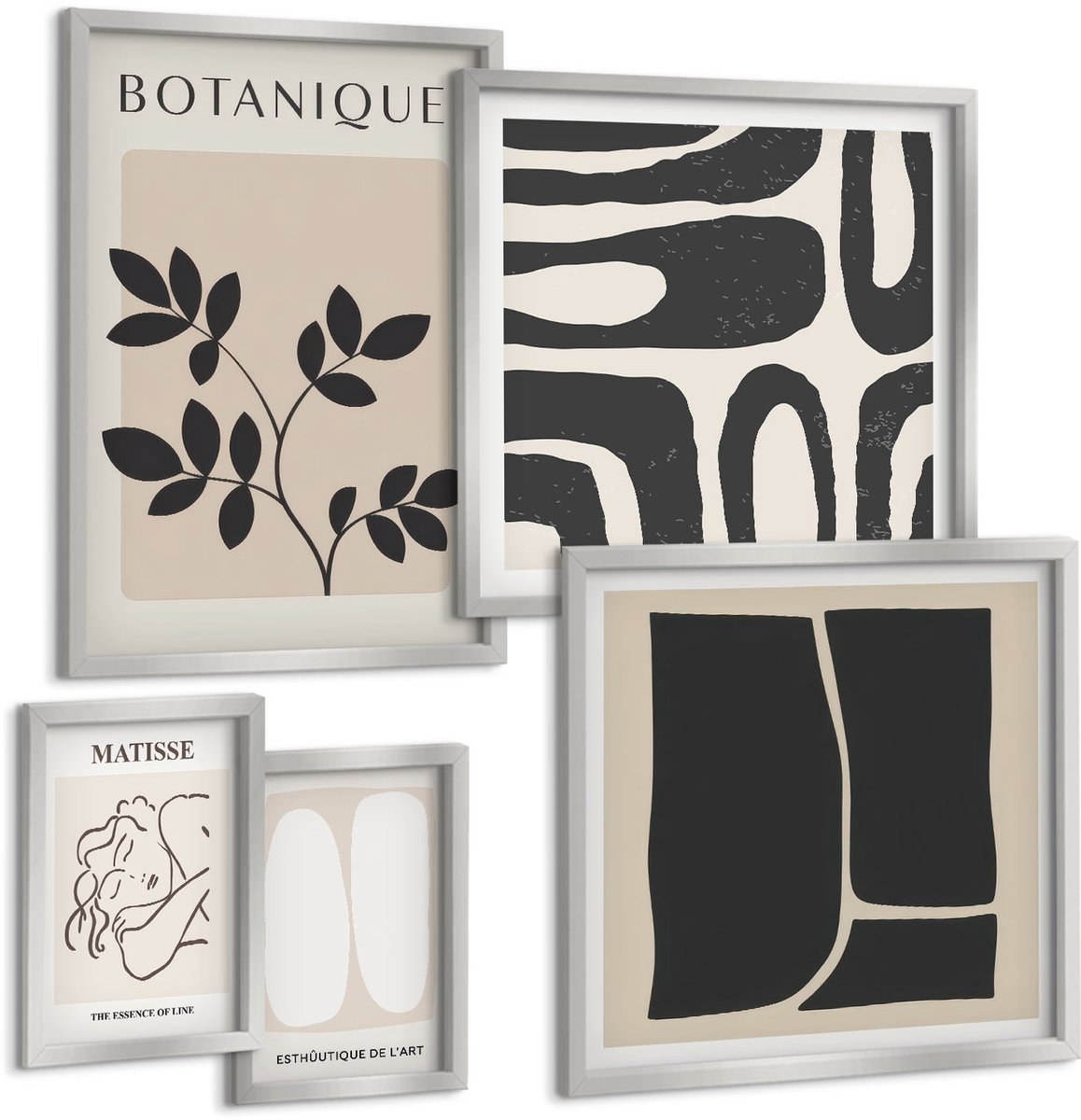 TULUP 4-Delige Schilderij Set - Stijlvolle afbeeldingen met plantmotieven en abstracte elementen. - 50 x 50 cm, 20 x 30 cm en 40 x 60 cm - Wanddecoratie - Schilderijen Set - Kantoor Zilveren lijst