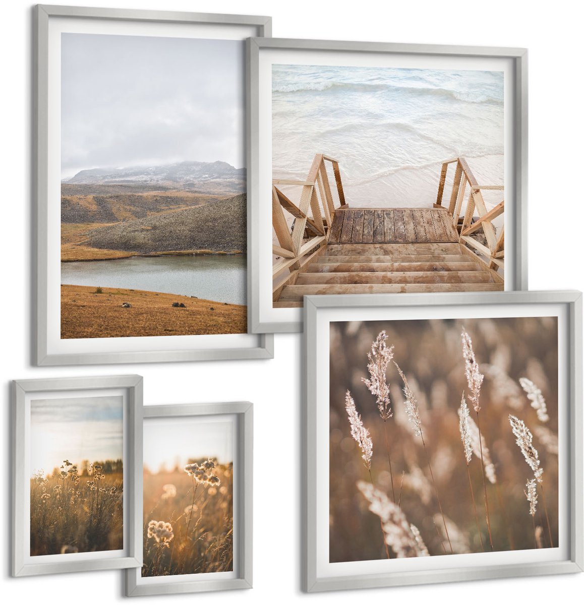 TULUP 4-Delige Schilderij Set - Natuurlandschappen met uitzicht op velden en meren - 50 x 50 cm, 20 x 30 cm en 40 x 60 cm - Muurdecoratie - Interieur Decoratie - Stijlvolle Muurdecoratie Zilveren lijst