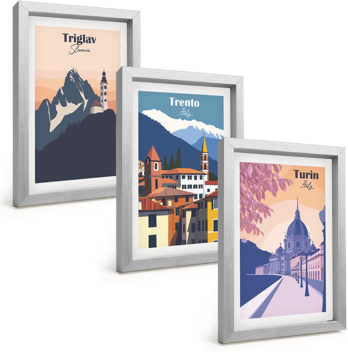 Tulup 4-Delige Schilderij Set - Bergen en architectuur, retro, kleurrijke illustraties - 20 x 30 cm - Muurdecoratie - Interieur Decoratie - Woonkamer Decoratie