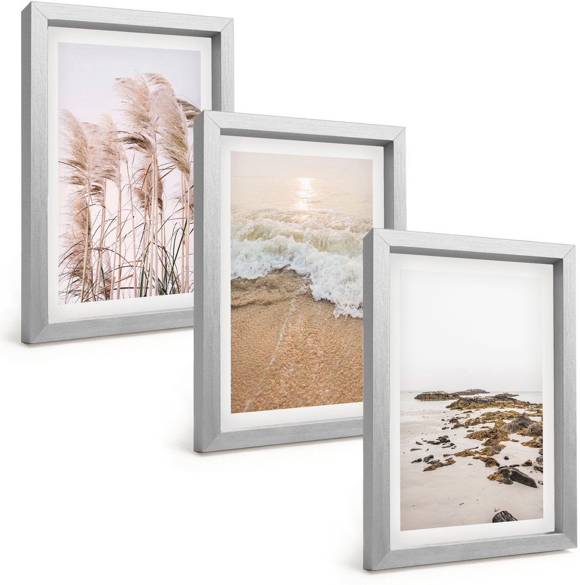 Tulup 4-Delige Schilderij Set - Strandgras, golven en zeestenen, boho - 20 x 30 cm - Wanddecoratie - Moderne Interieurdecoratie - Woonkamer Decoratie
