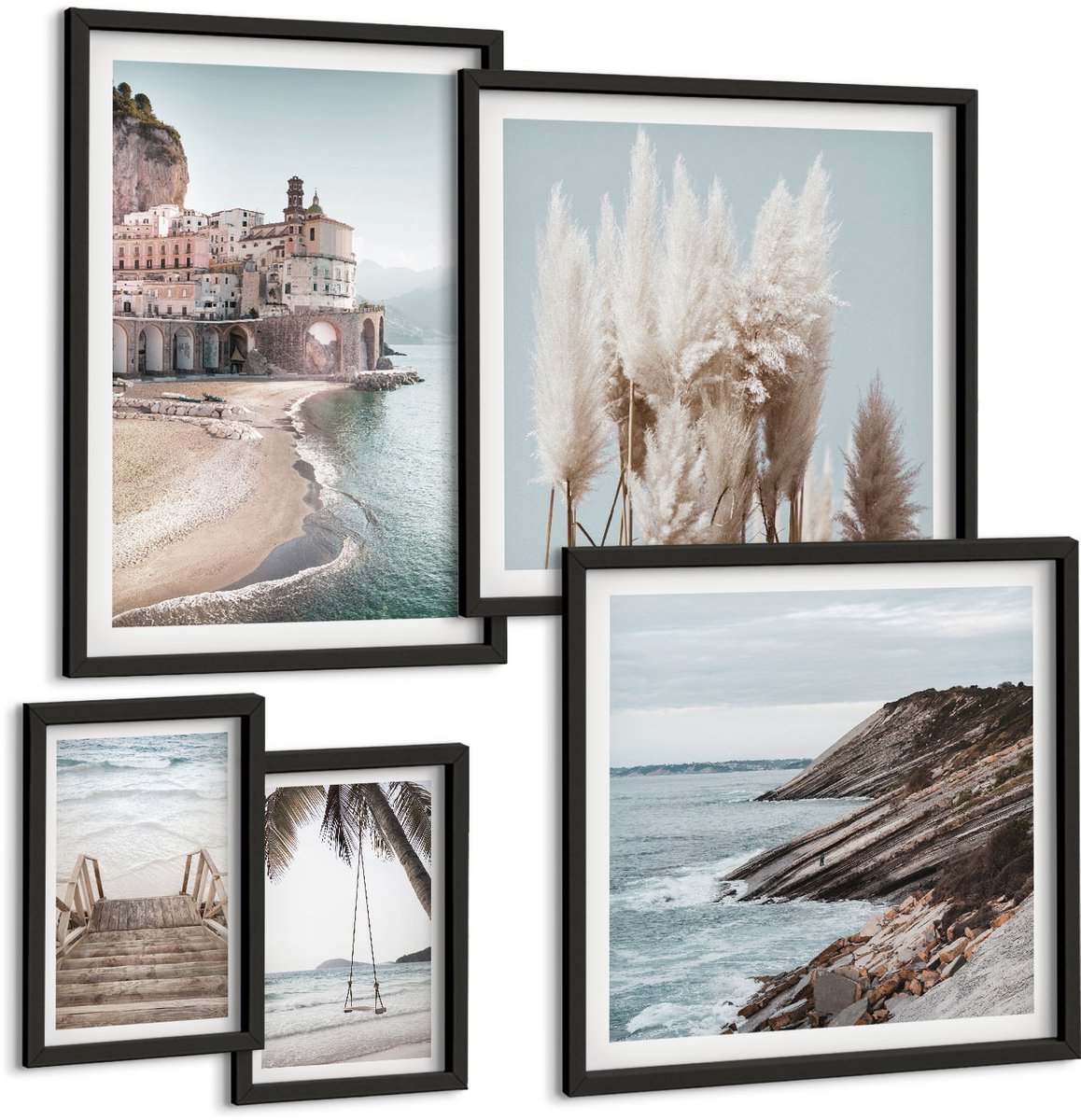 Tulup 4-Delige Schilderij Set - Stijlvol uitzicht op zee met stranden en architectuur - 50 x 50 cm, 20 x 30 cm en 40 x 60 cm - Stijlvolle Muurdecoratie - Kantoor - Woonkamer Decoratie