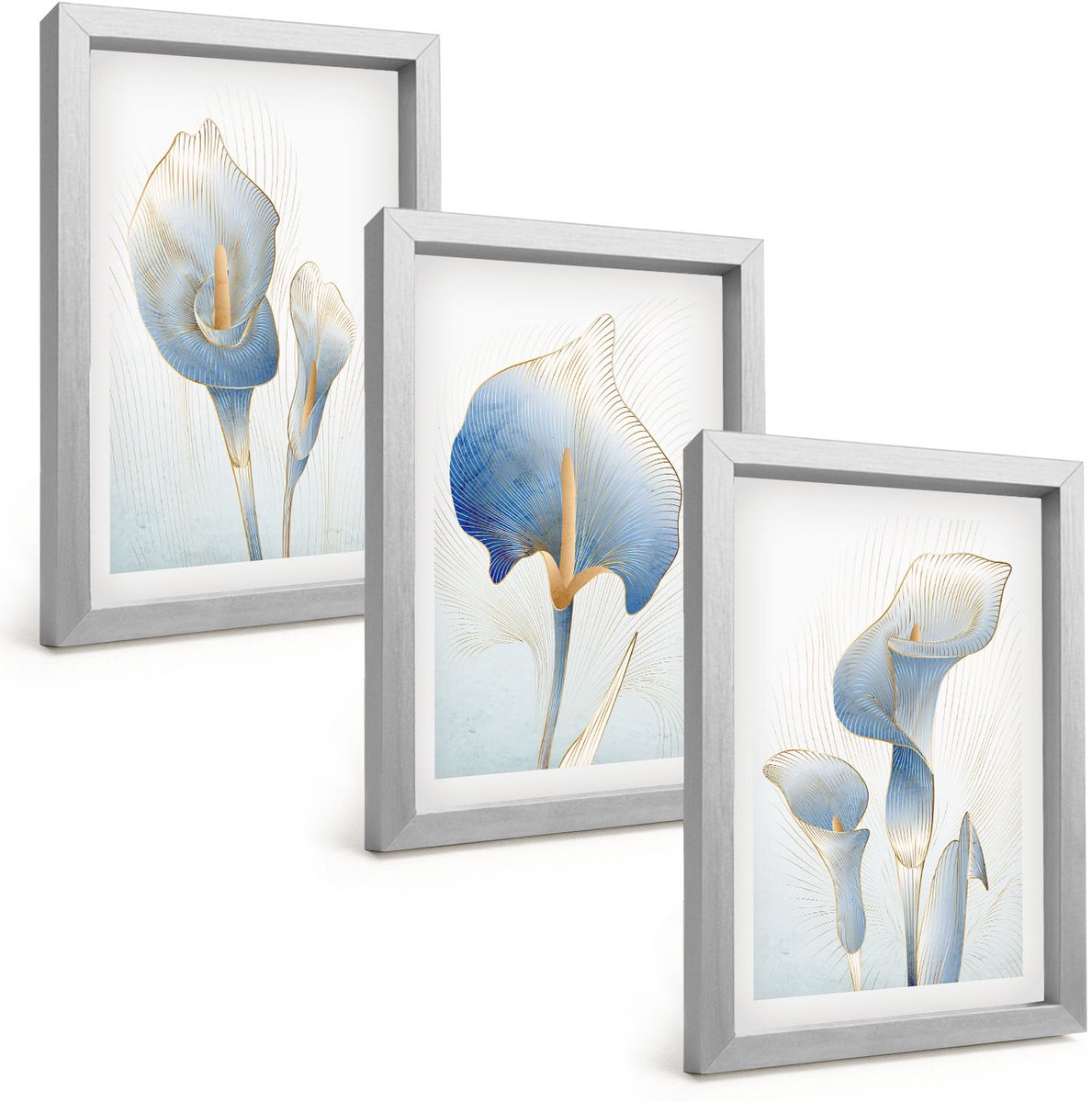 Tulup 4-Delige Schilderij Set - Fijne blauwe bloemen op een lichte achtergrond - 20 x 30 cm - Moderne Wanddecoratie - Slaapkamer - Interieur Decoratie